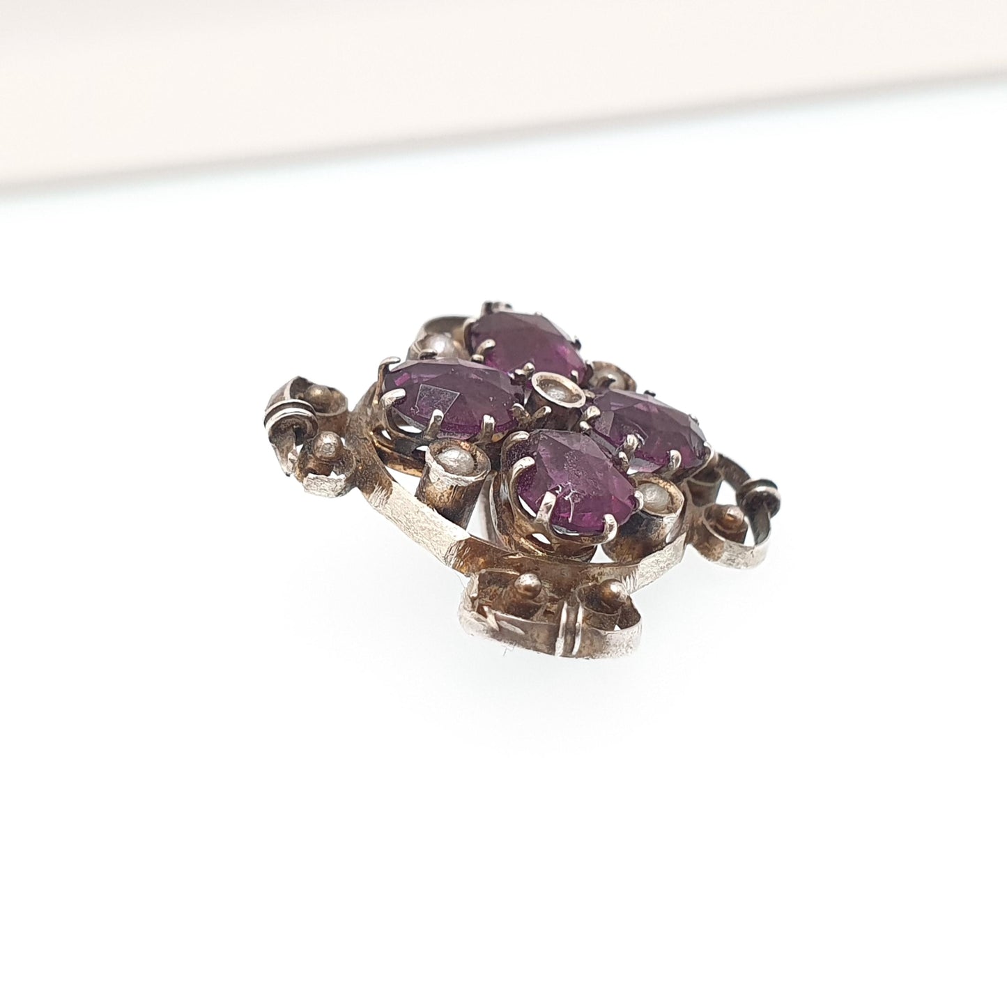 Antique Solid Silver Amethyst Paste Brooch Victorian Seed Pearl Cruciform 1800s Vintage Womens Jewelry Jewellery