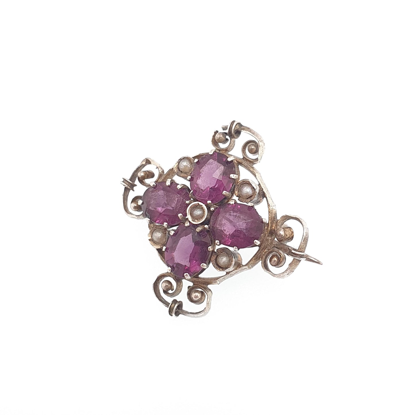 Antique Solid Silver Amethyst Paste Brooch Victorian Seed Pearl Cruciform 1800s Vintage Womens Jewelry Jewellery