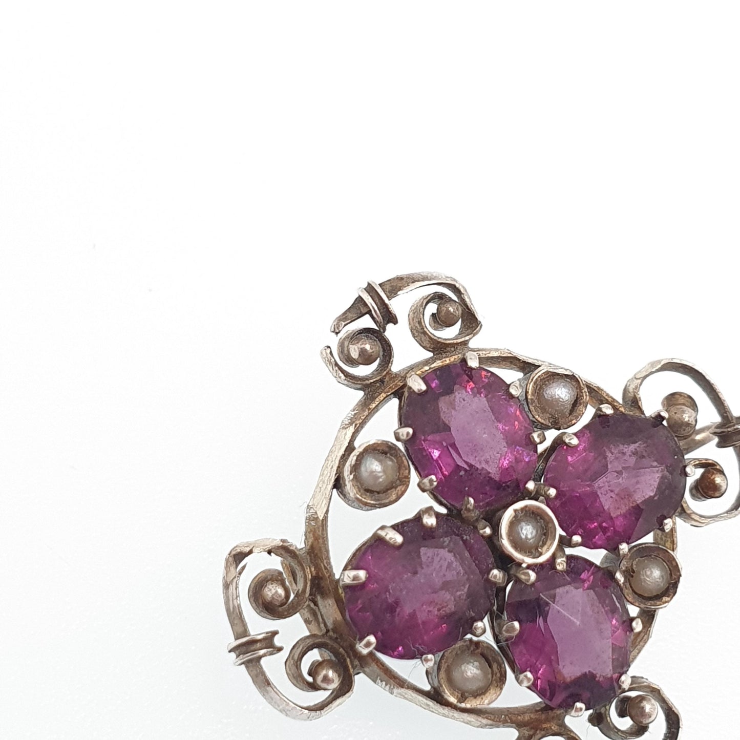 Antique Solid Silver Amethyst Paste Brooch Victorian Seed Pearl Cruciform 1800s Vintage Womens Jewelry Jewellery