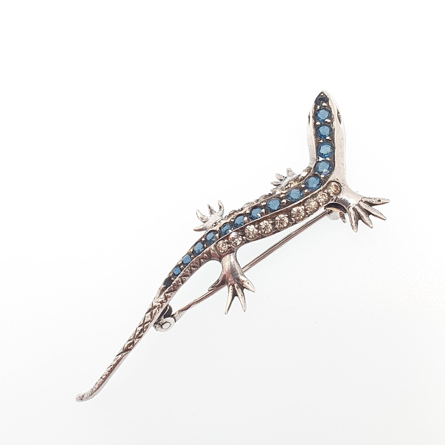 Antique Solid Silver Lizard Brooch Sapphire & Diamond Pastes Reptile Animal Gecko Art Deco Vintage Jewelry Jewellery