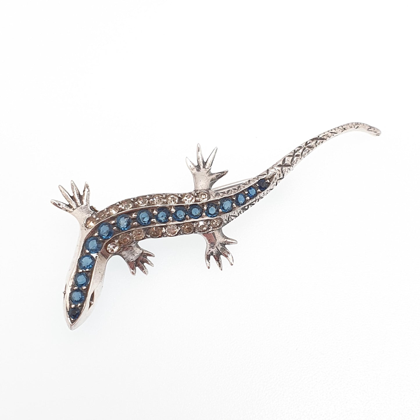 Antique Solid Silver Lizard Brooch Sapphire & Diamond Pastes Reptile Animal Gecko Art Deco Vintage Jewelry Jewellery