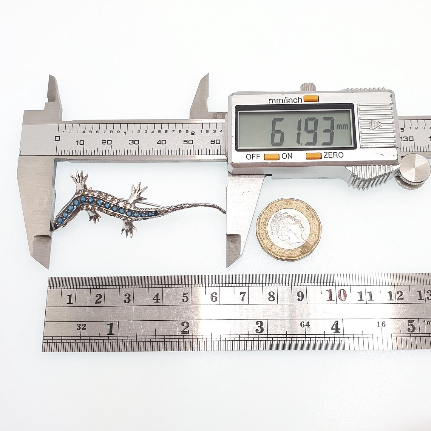 Antique Solid Silver Lizard Brooch Sapphire & Diamond Pastes Reptile Animal Gecko Art Deco Vintage Jewelry Jewellery