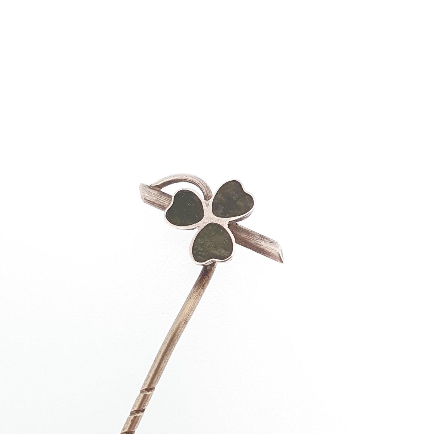 Antique Solid Silver Clover Stick Pin Connemara Marble Victorian Three Leaf Lapel Irish Lucky 1800s Vintage Jewellery Jewelry