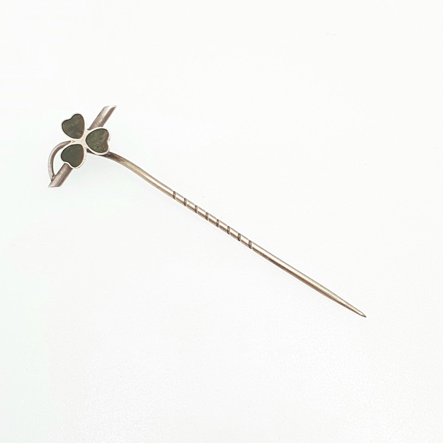 Antique Solid Silver Clover Stick Pin Connemara Marble Victorian Three Leaf Lapel Irish Lucky 1800s Vintage Jewellery Jewelry