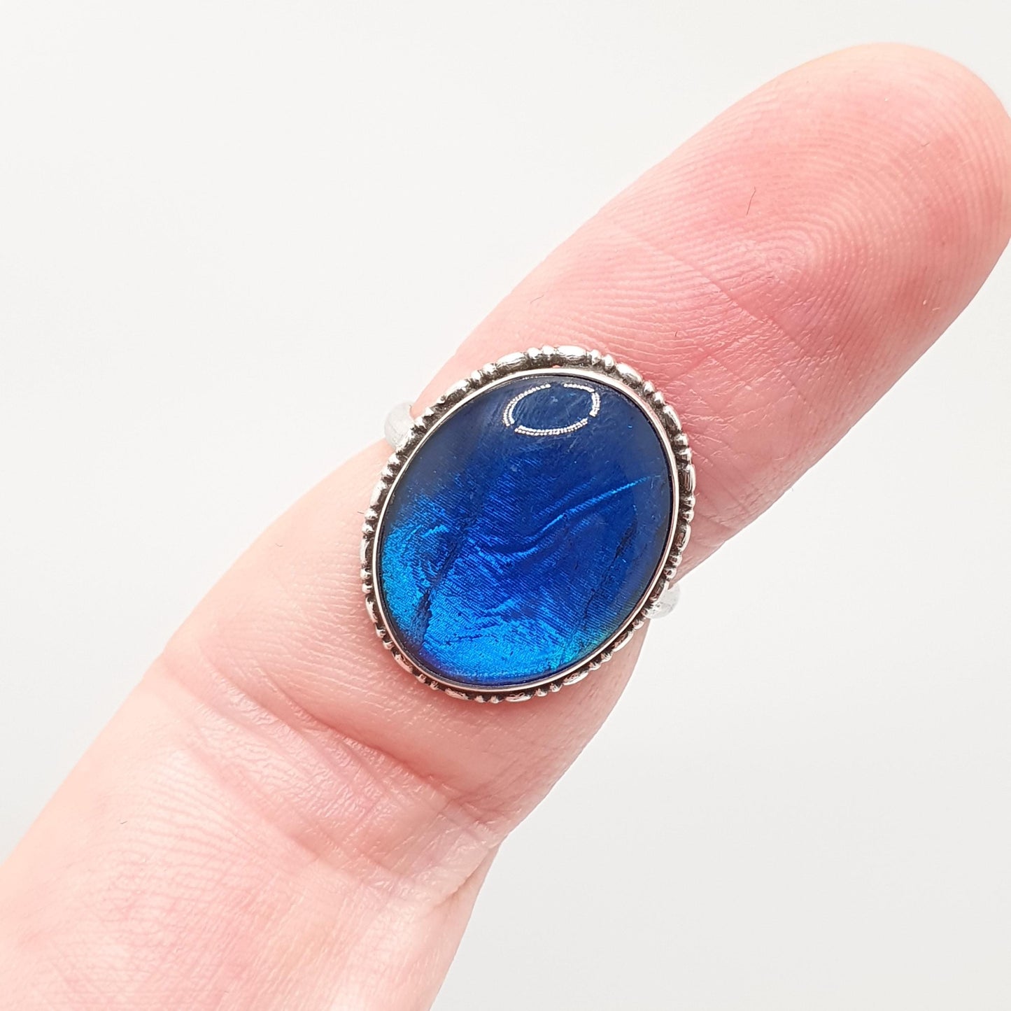 Antique Sterling Silver Butterfly Wing Ring Large Oval TLM Art Deco Genuine Morpho Vintage Blue Womens Jewellery Jewelry