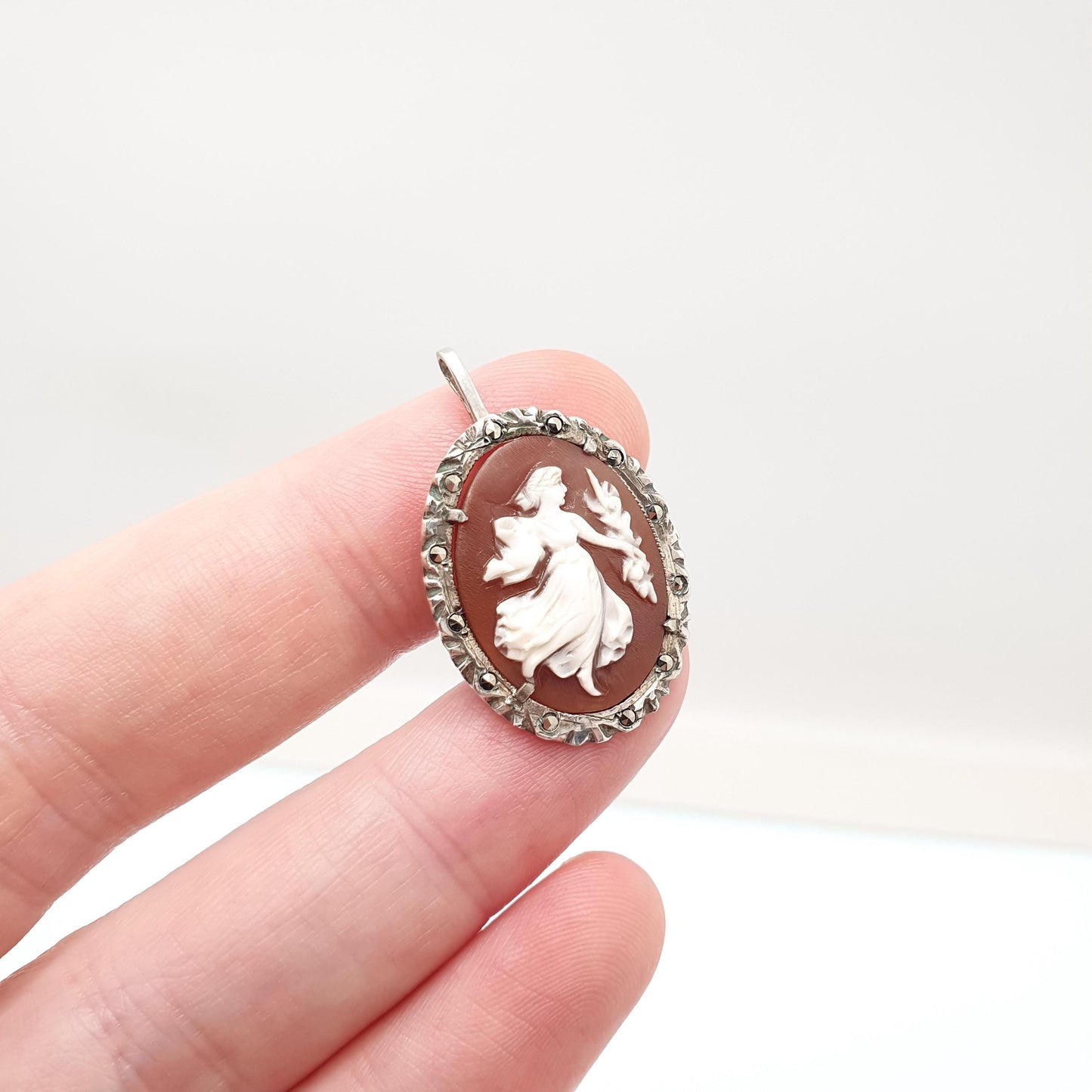 Antique Solid Silver Grace Cameo Necklace Pendant Marcasite Art Deco Shell Hand Carved Italian Jewelry Jewellery Jewelry