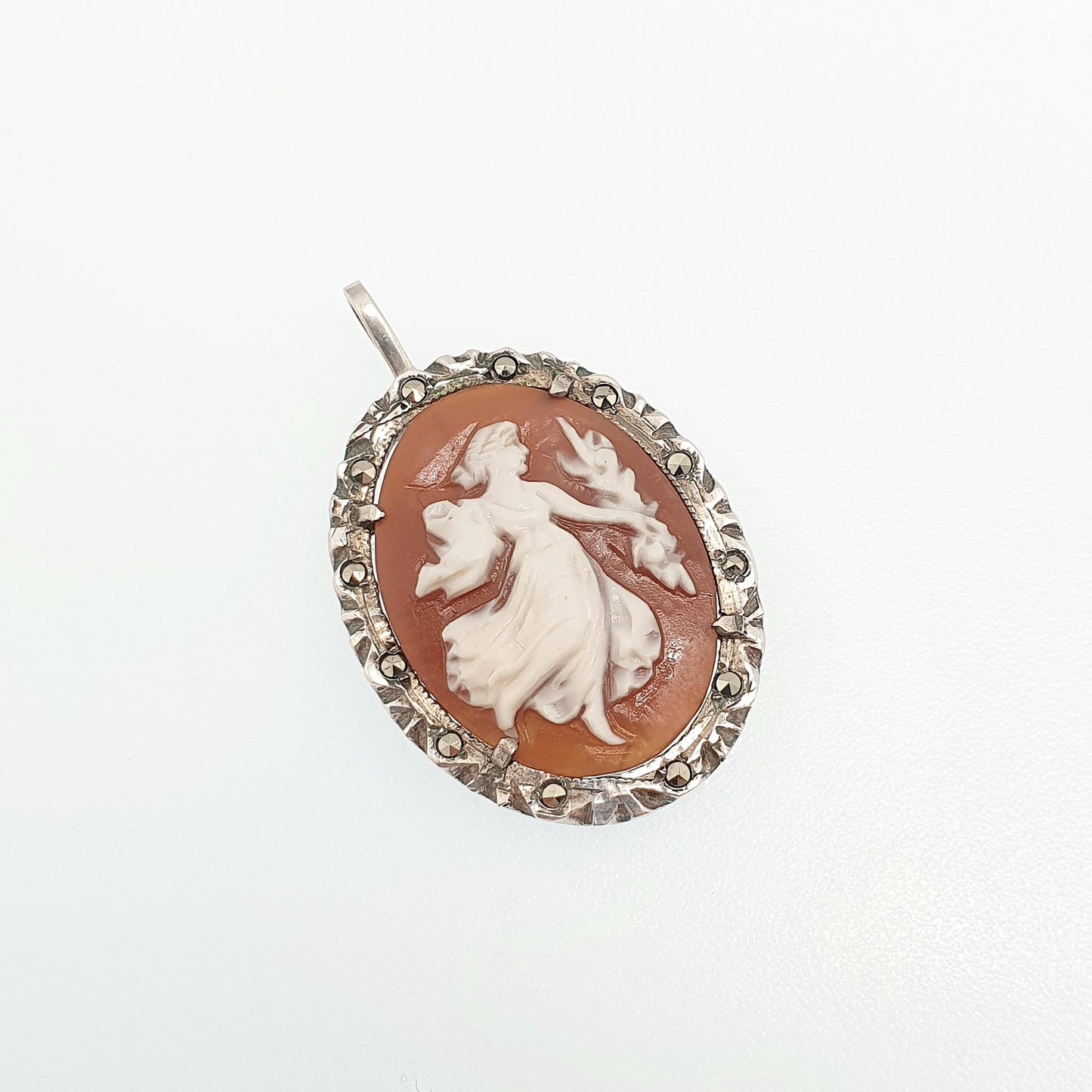 Antique Solid Silver Grace Cameo Necklace Pendant Marcasite Art Deco Shell Hand Carved Italian Jewelry Jewellery Jewelry