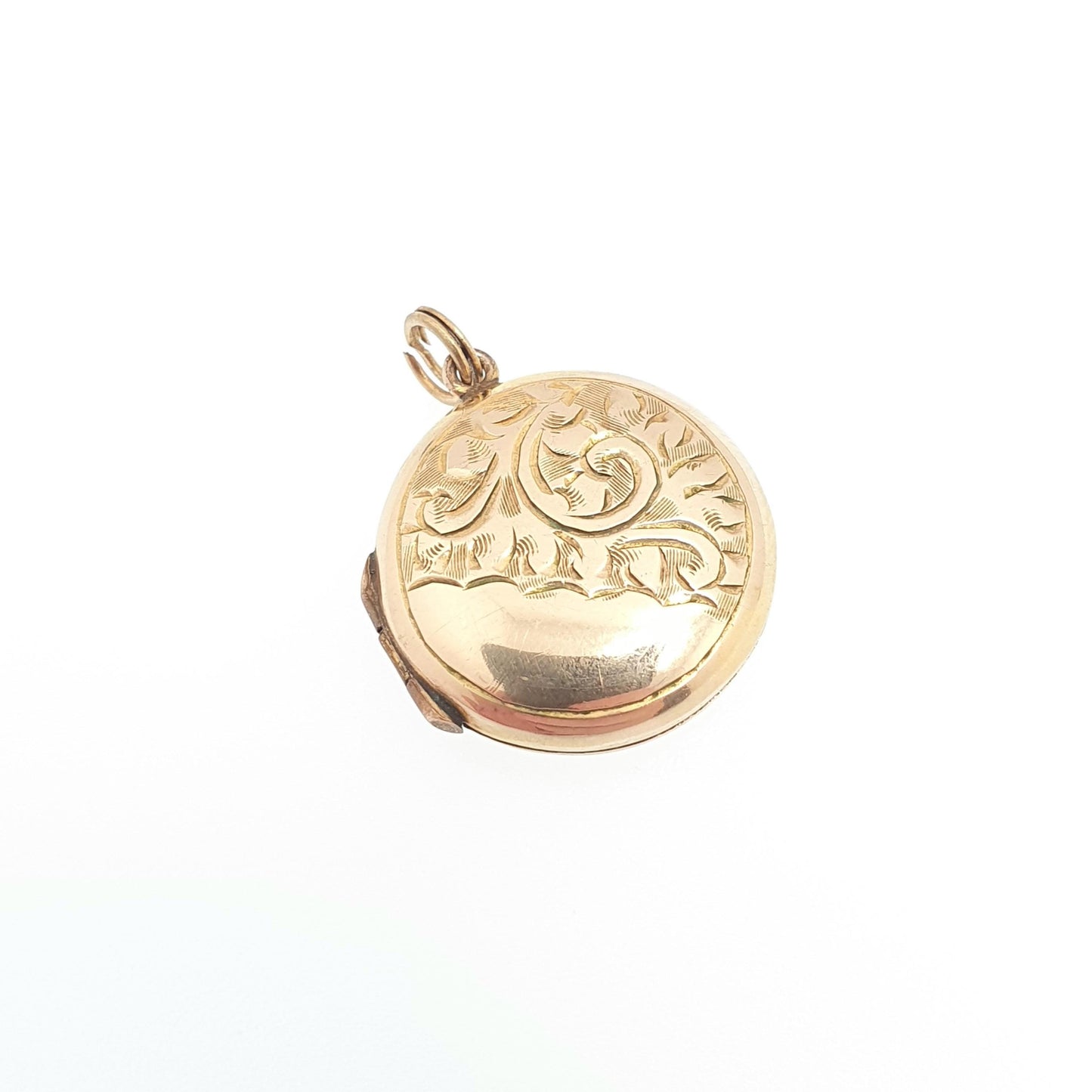 Antique 9ct 9k Gold Locket Pendant Round Art Deco Engraved Pattern Solid 375 Back & Front Small Circle Photo Vintage Necklace