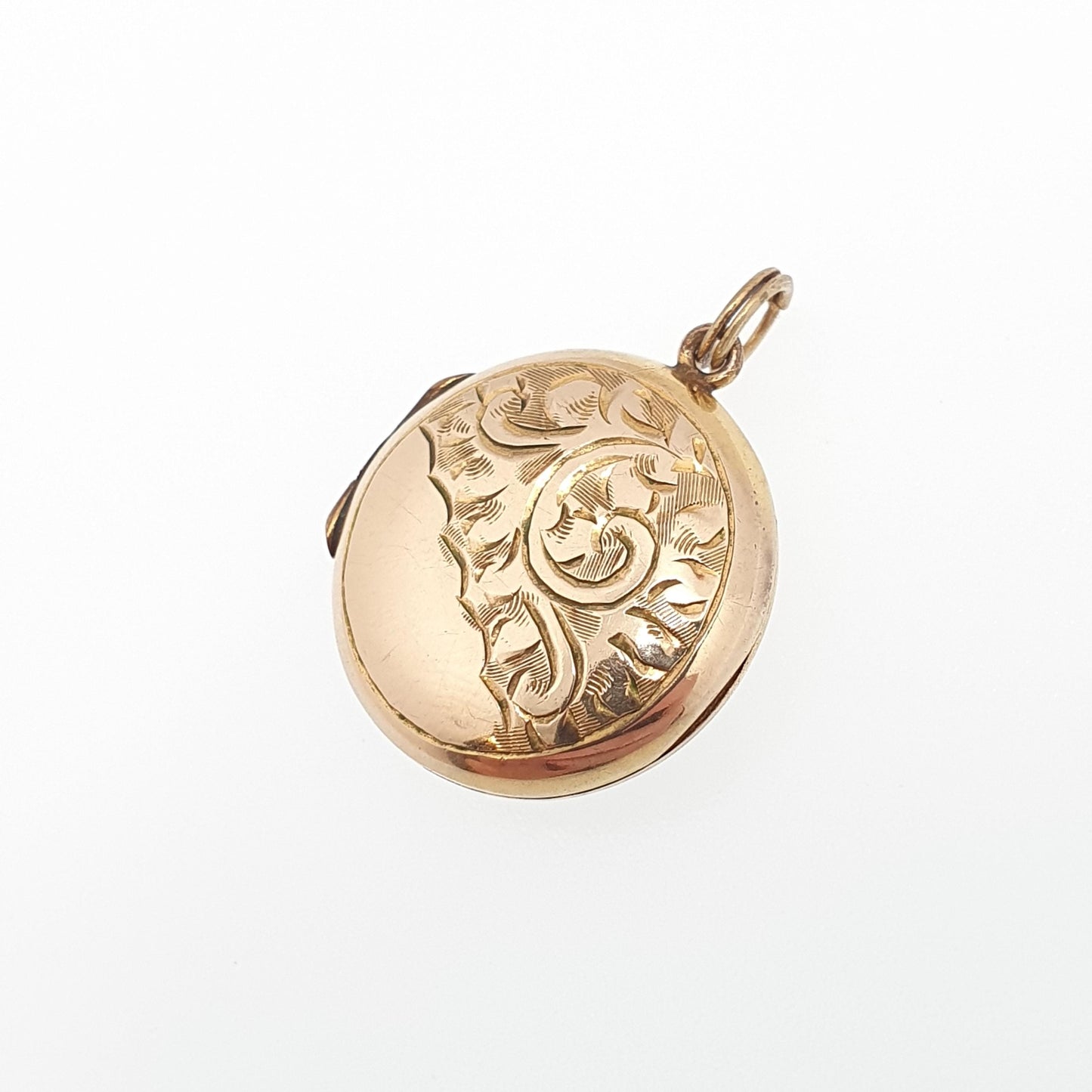 Antique 9ct 9k Gold Locket Pendant Round Art Deco Engraved Pattern Solid 375 Back & Front Small Circle Photo Vintage Necklace