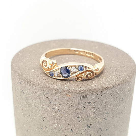 Antique 18ct Gold Sapphire & Diamond Ring Victorian Solid 18k 750 1899 Hallmark Five Natural Gemstones Vintage Jewelry Jewellery