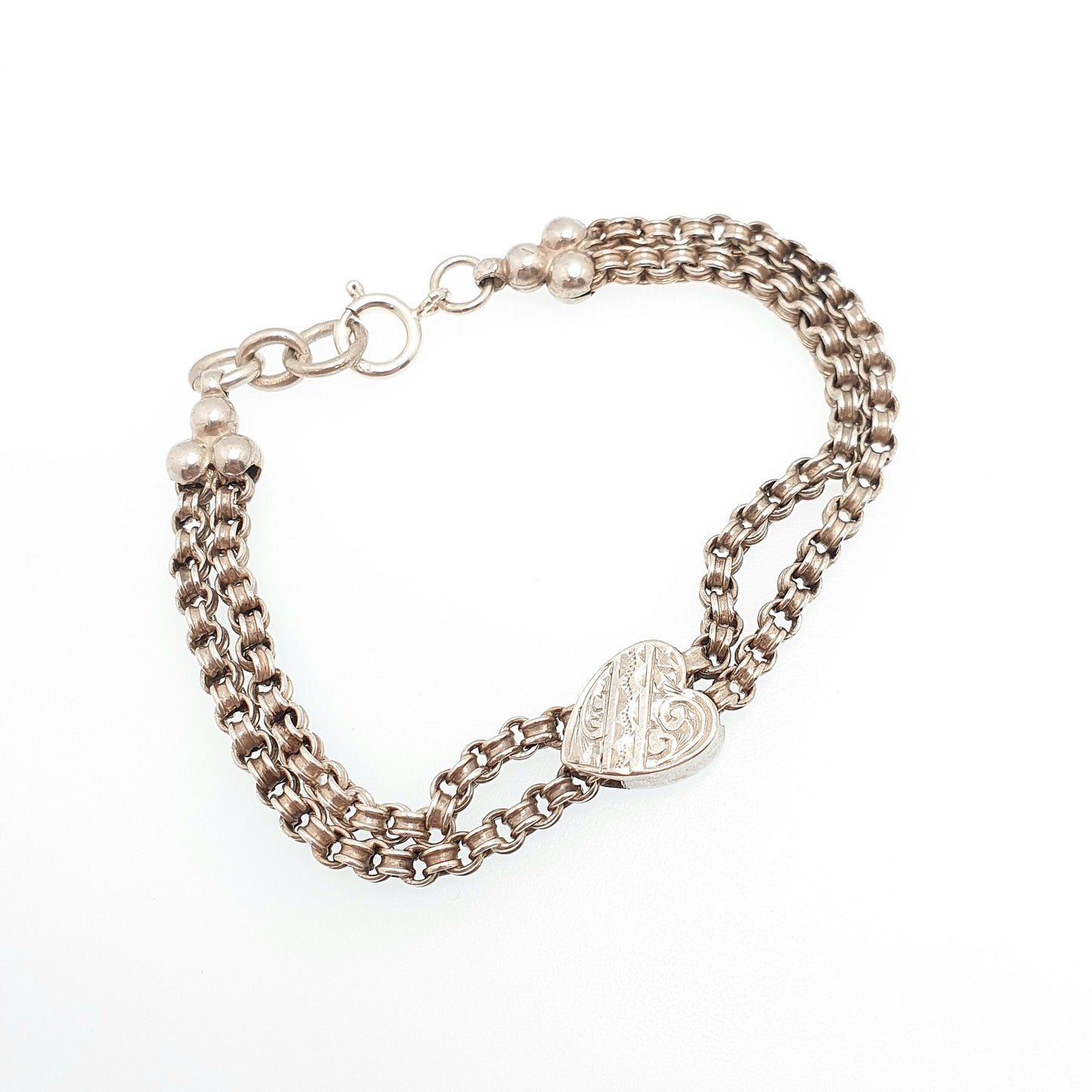 Antique Solid Silver Albertina Bracelet Victorian Heart Slider Belcher Rolo Link 10.87g 18cm Vintage Jewelry Jewellery