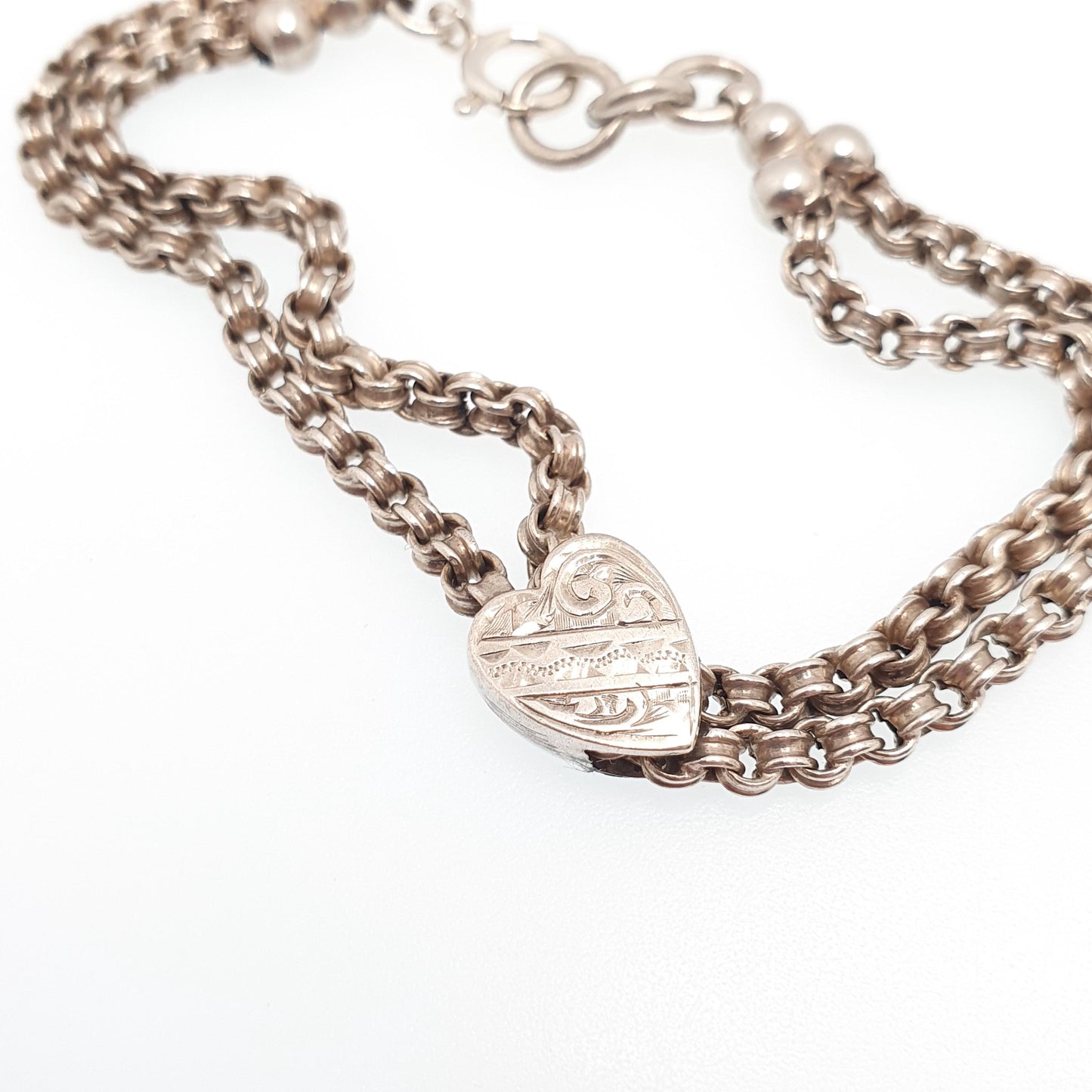 Antique Solid Silver Albertina Bracelet Victorian Heart Slider Belcher Rolo Link 10.87g 18cm Vintage Jewelry Jewellery