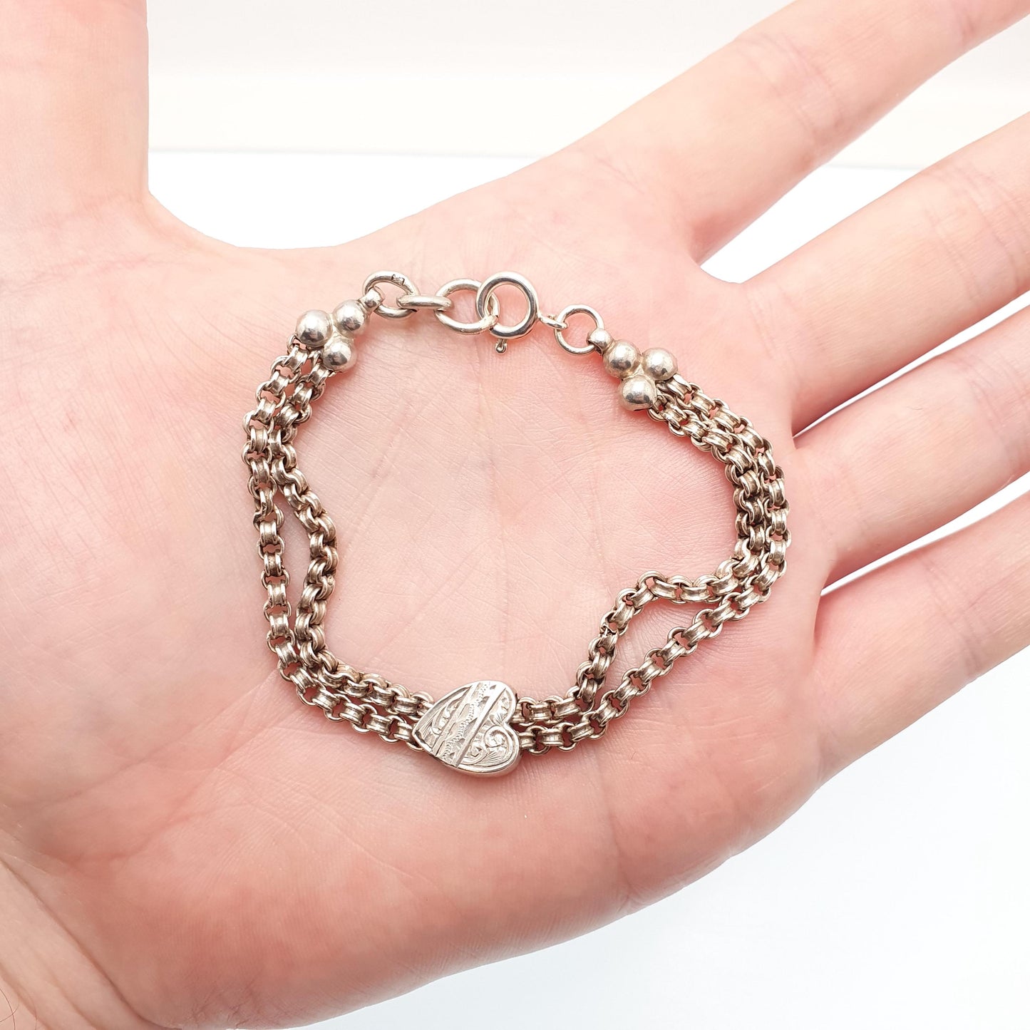 Antique Solid Silver Albertina Bracelet Victorian Heart Slider Belcher Rolo Link 10.87g 18cm Vintage Jewelry Jewellery