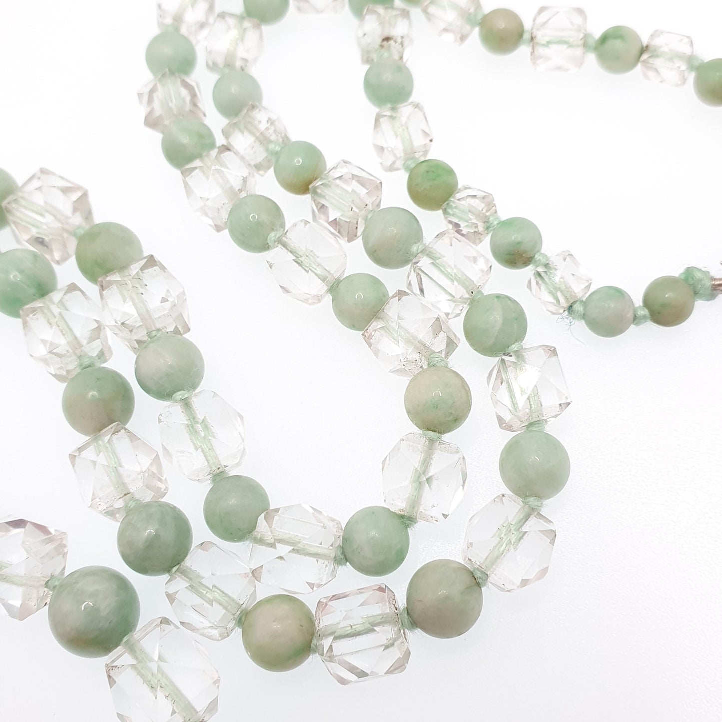 Antique Jade & Rock Crystal Bead Necklace Art Deco 1920s White Quartz 178cm 70" Solid Silver Paste Clasp Square Faceted Round Beads