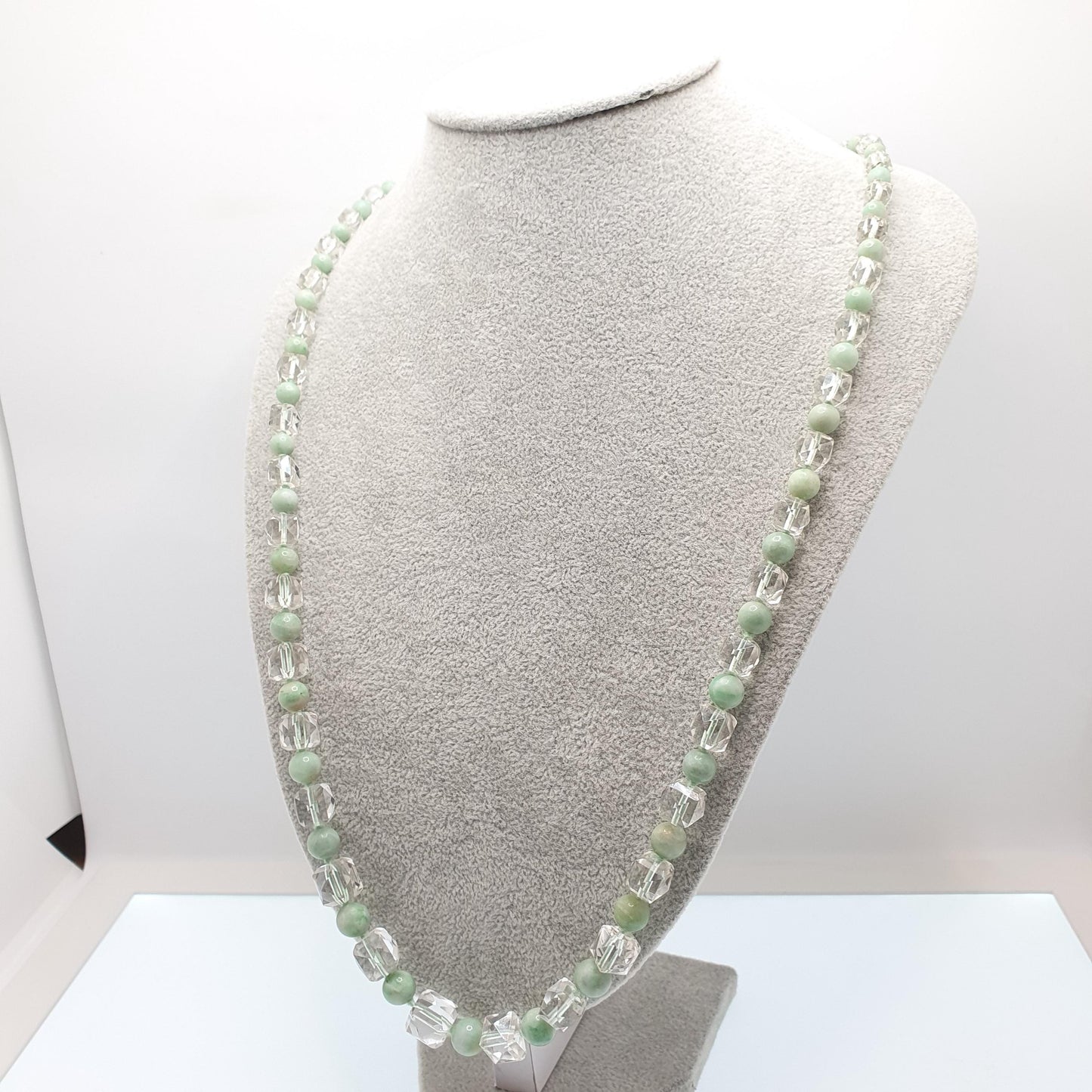 Antique Jade & Rock Crystal Bead Necklace Art Deco 1920s White Quartz 178cm 70" Solid Silver Paste Clasp Square Faceted Round Beads