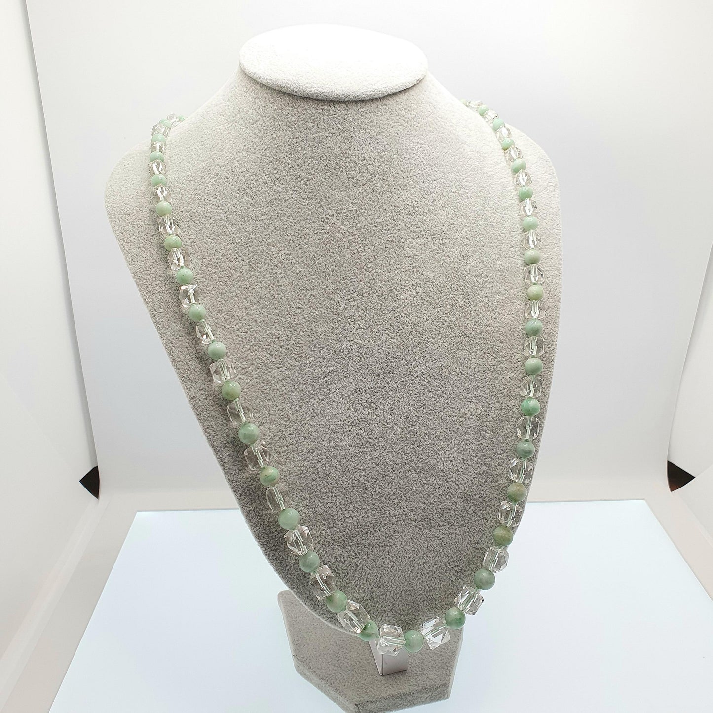 Antique Jade & Rock Crystal Bead Necklace Art Deco 1920s White Quartz 178cm 70" Solid Silver Paste Clasp Square Faceted Round Beads