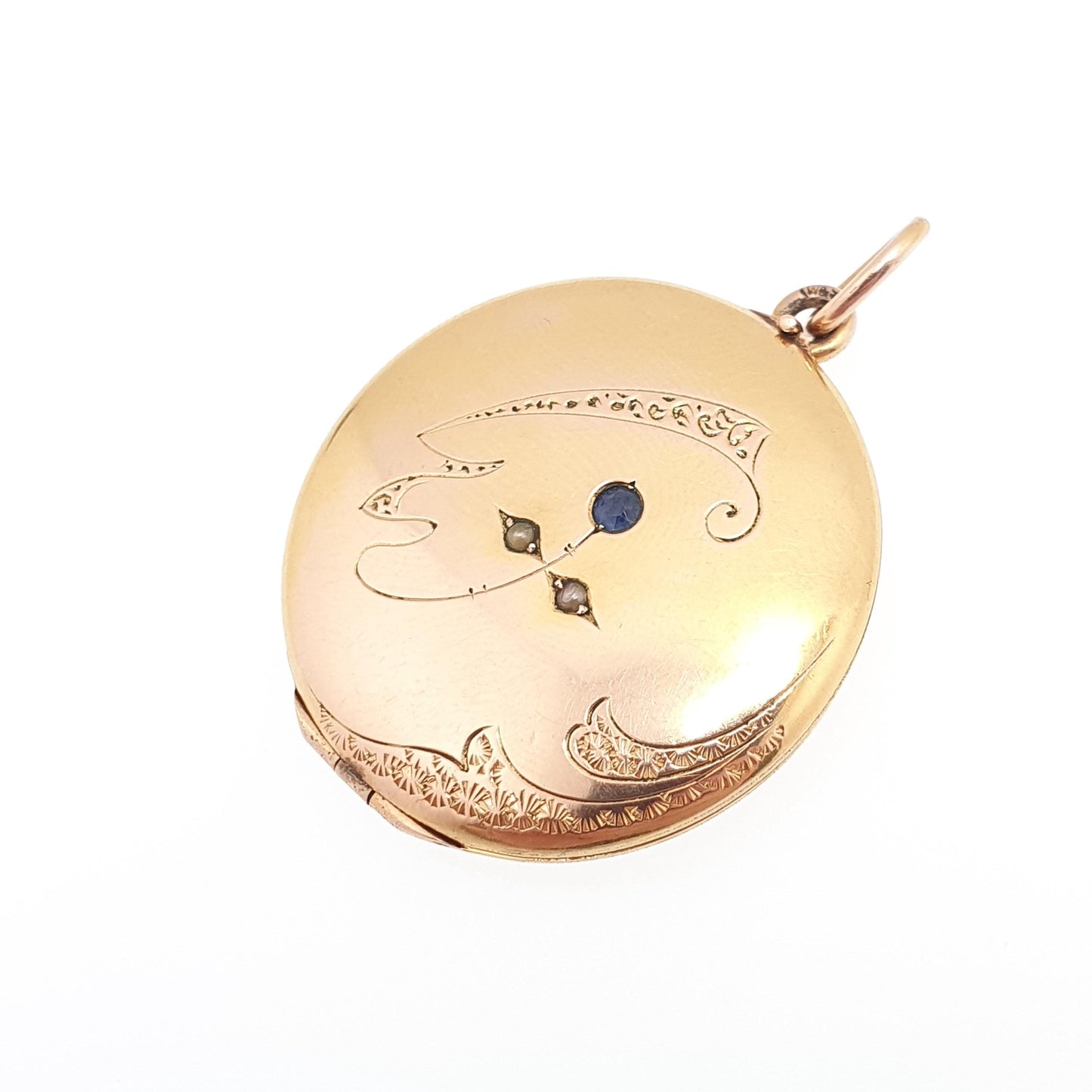Antique Rolled Gold Locket Sapphire Paste Seed Pearl Necklace Pendant Filled Round Circle Rose & Yellow Vintage Jewellery Jewelry