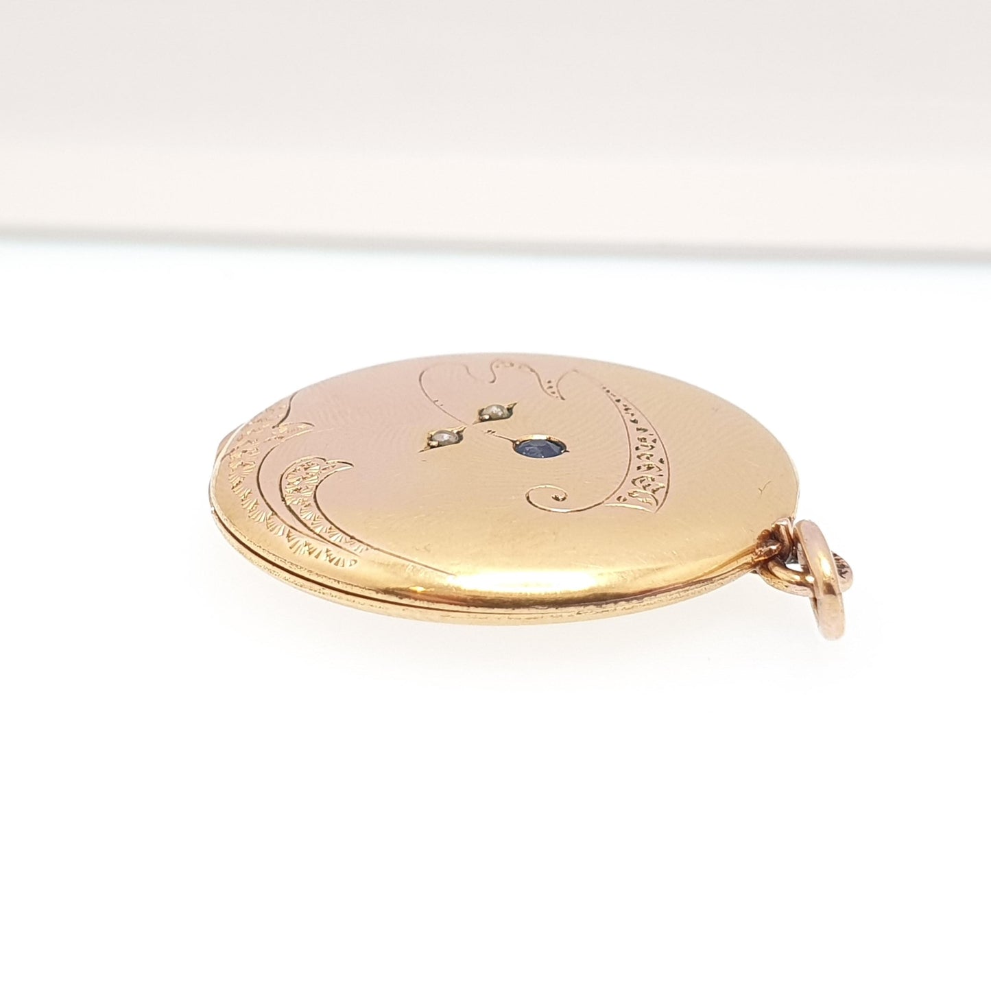 Antique Rolled Gold Locket Sapphire Paste Seed Pearl Necklace Pendant Filled Round Circle Rose & Yellow Vintage Jewellery Jewelry