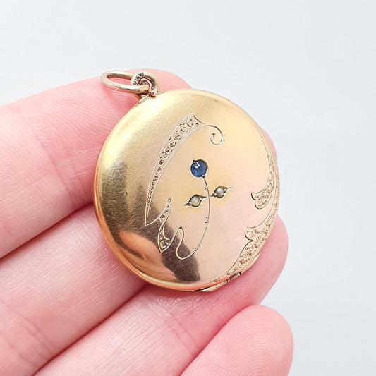 Antique Rolled Gold Locket Sapphire Paste Seed Pearl Necklace Pendant Filled Round Circle Rose & Yellow Vintage Jewellery Jewelry