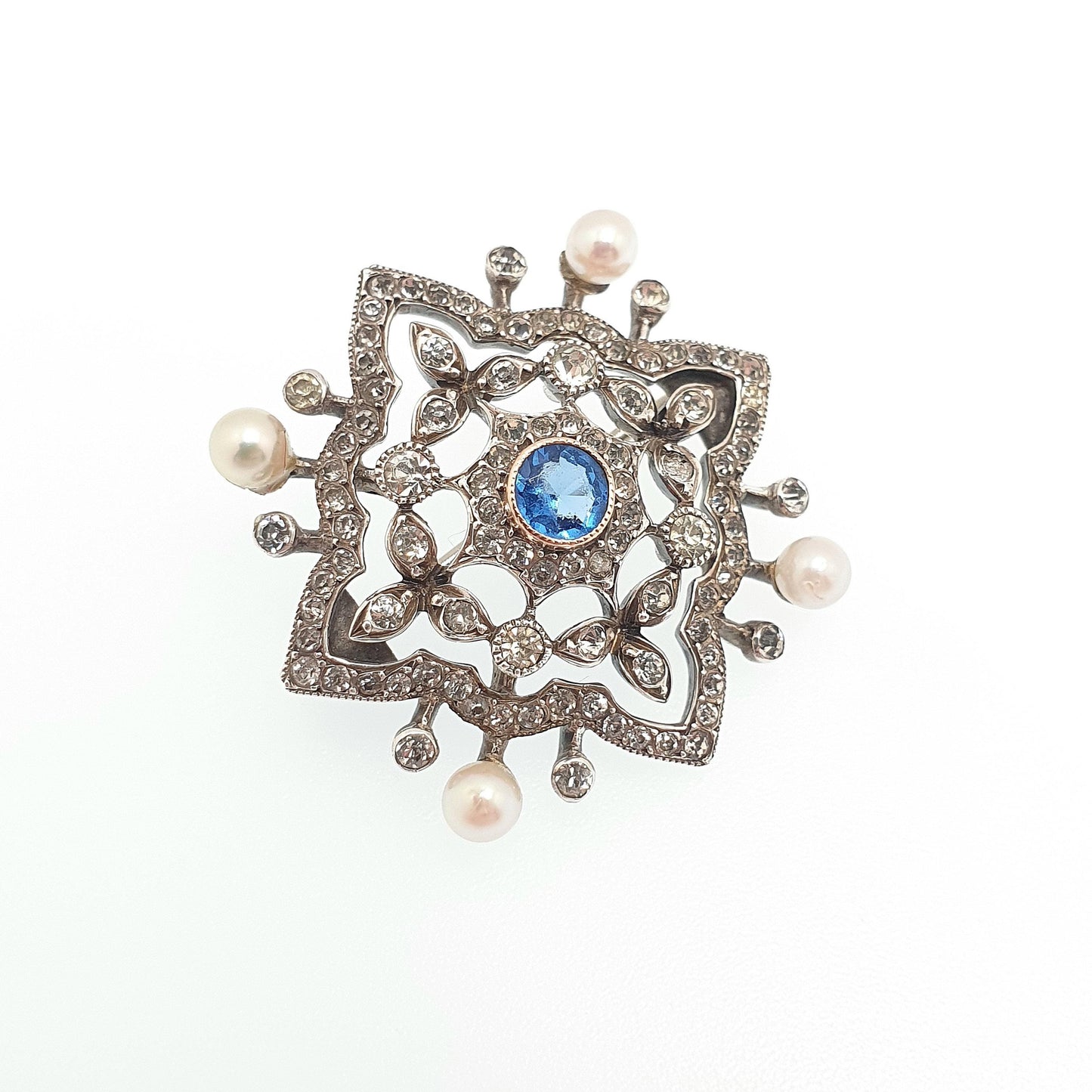Antique Victorian Solid Silver Sapphire Paste Brooch Cultured Pearl Diamond Pastes Art Nouveau Vintage Jewelry Jewellery