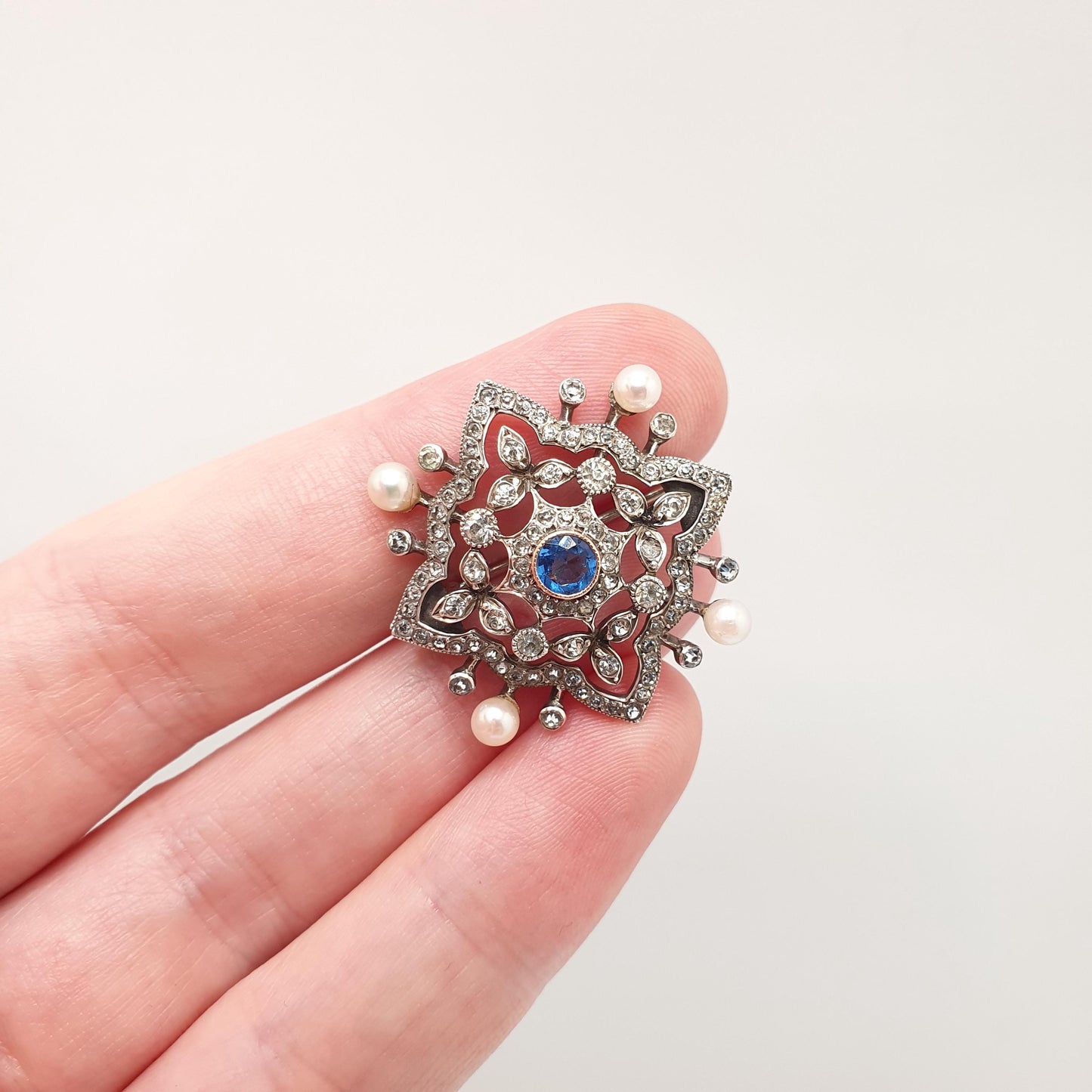 Antique Victorian Solid Silver Sapphire Paste Brooch Cultured Pearl Diamond Pastes Art Nouveau Vintage Jewelry Jewellery