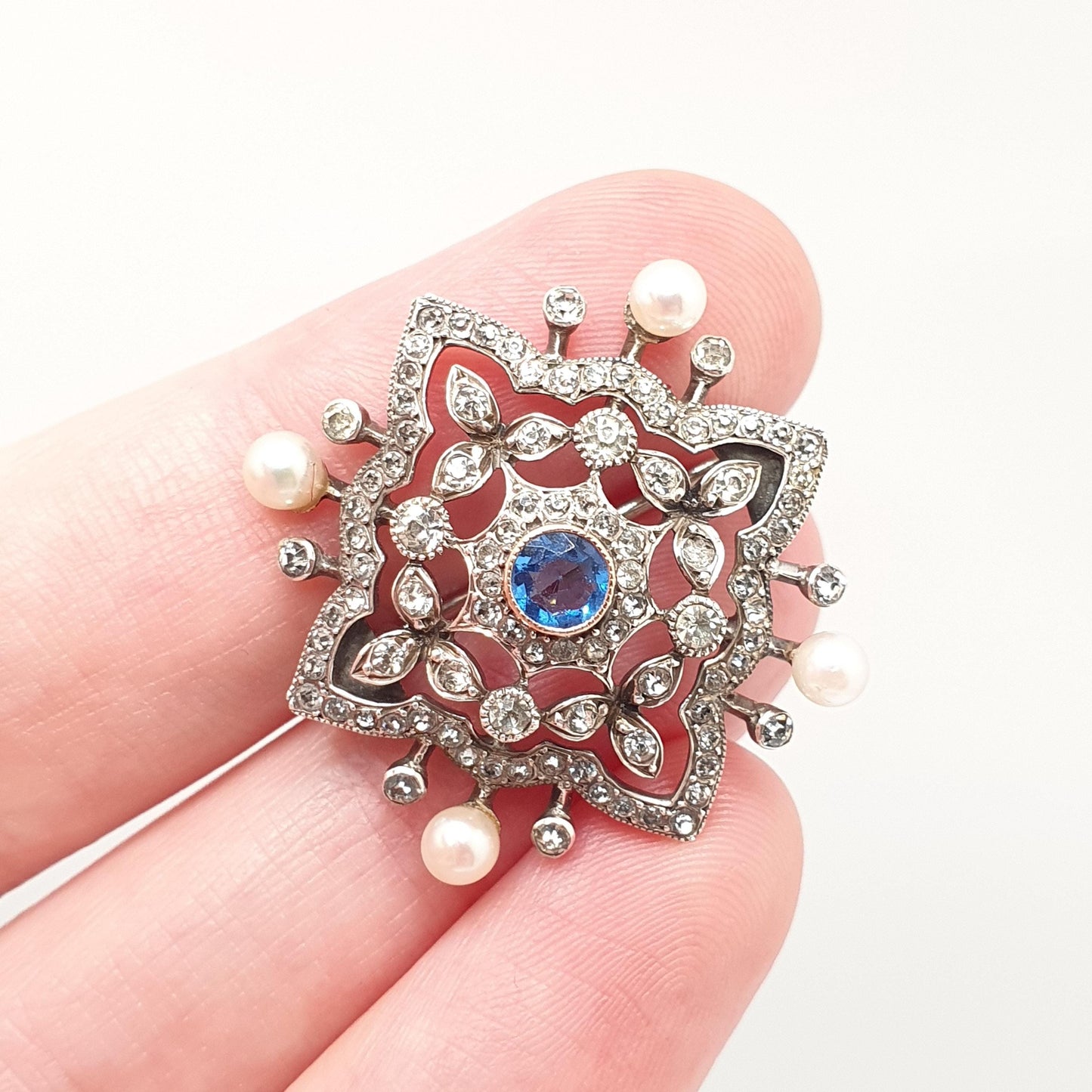 Antique Victorian Solid Silver Sapphire Paste Brooch Cultured Pearl Diamond Pastes Art Nouveau Vintage Jewelry Jewellery
