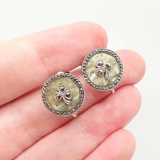 Antique Connemara Marble Clover Solid Silver Earrings Art Deco Marcasite Irish Lucky Screw Back Celtic Vintage Womens Jewelry