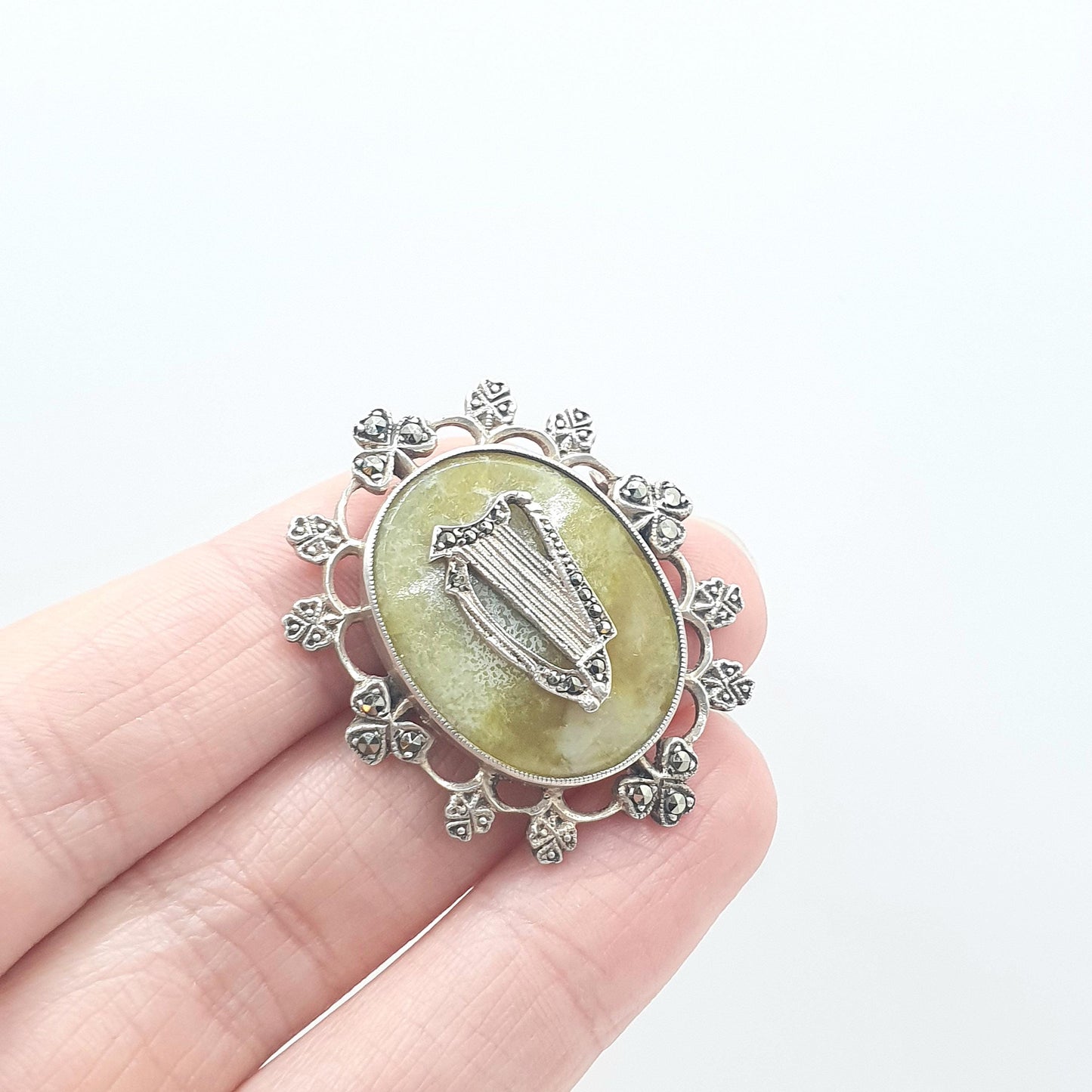 Antique Solid Silver Connemara Marble Harp & Clover Brooch Art Deco Irish Gemstone Marcasite Celtic Gaelic Womens Jewelry Jewellery