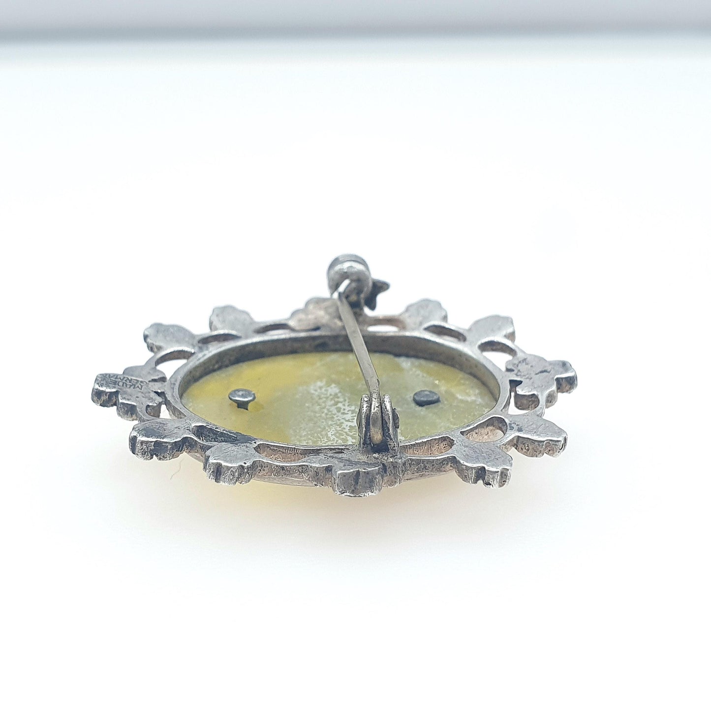 Antique Solid Silver Connemara Marble Harp & Clover Brooch Art Deco Irish Gemstone Marcasite Celtic Gaelic Womens Jewelry Jewellery
