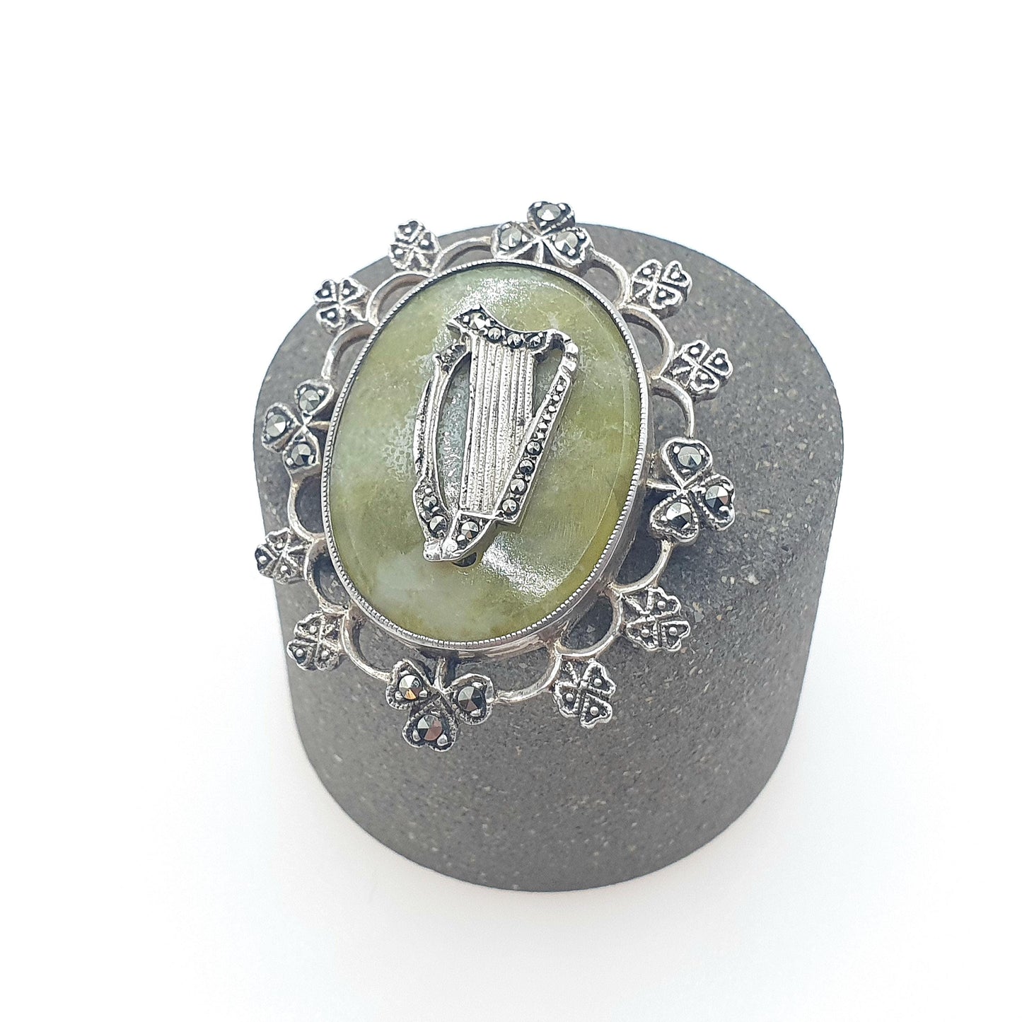 Antique Solid Silver Connemara Marble Harp & Clover Brooch Art Deco Irish Gemstone Marcasite Celtic Gaelic Womens Jewelry Jewellery