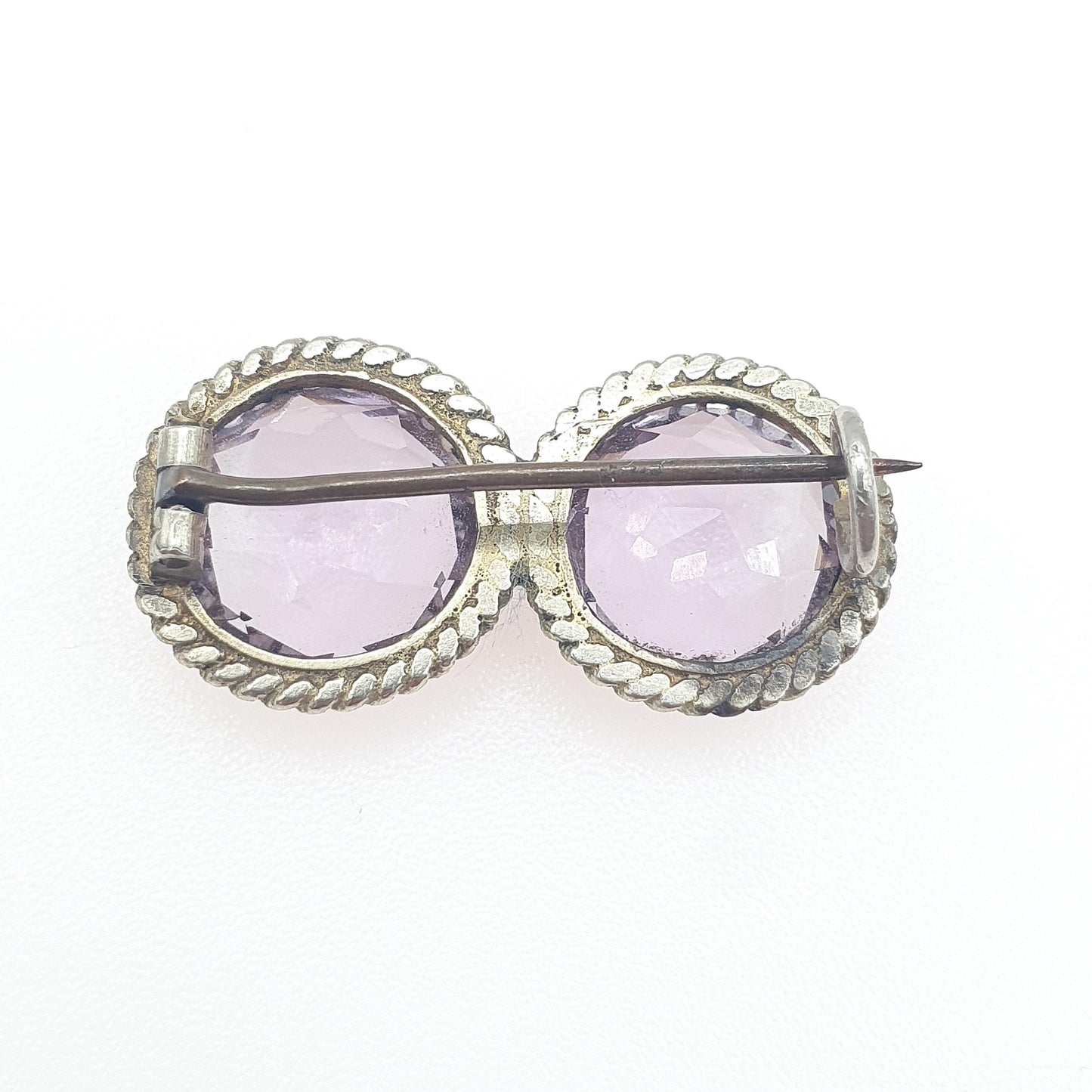 Antique Victorian Natural Amethyst Brooch Infinity Double Round Cut Gold Tone Base Metal Lilac Purple Womens Jewellery Jewelry