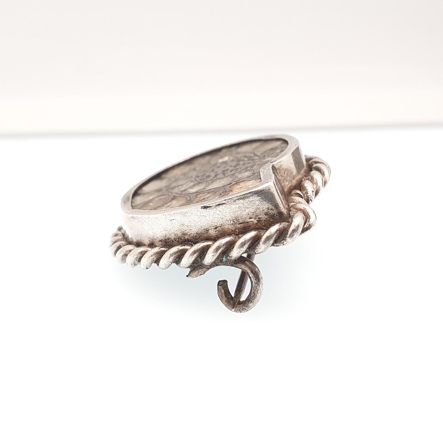 Antique Victorian Ammonite Fossil Brooch Pin Solid Silver Rope Border Curios Unique Ancient Sea Creature Genuine