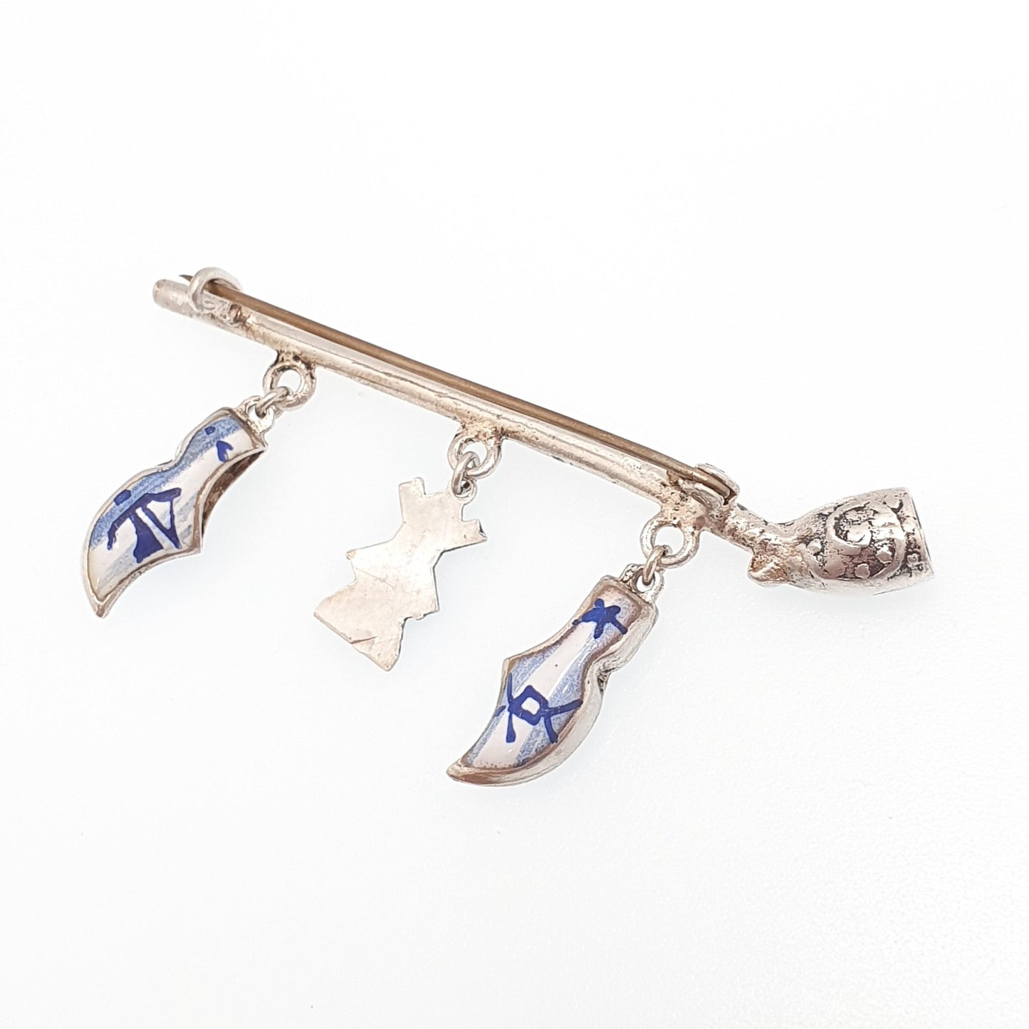 Antique Dutch Solid Silver Pipe Clog Windmill Brooch Pin Dutch China Enamel Vintage Charms Jewelry Jewellery