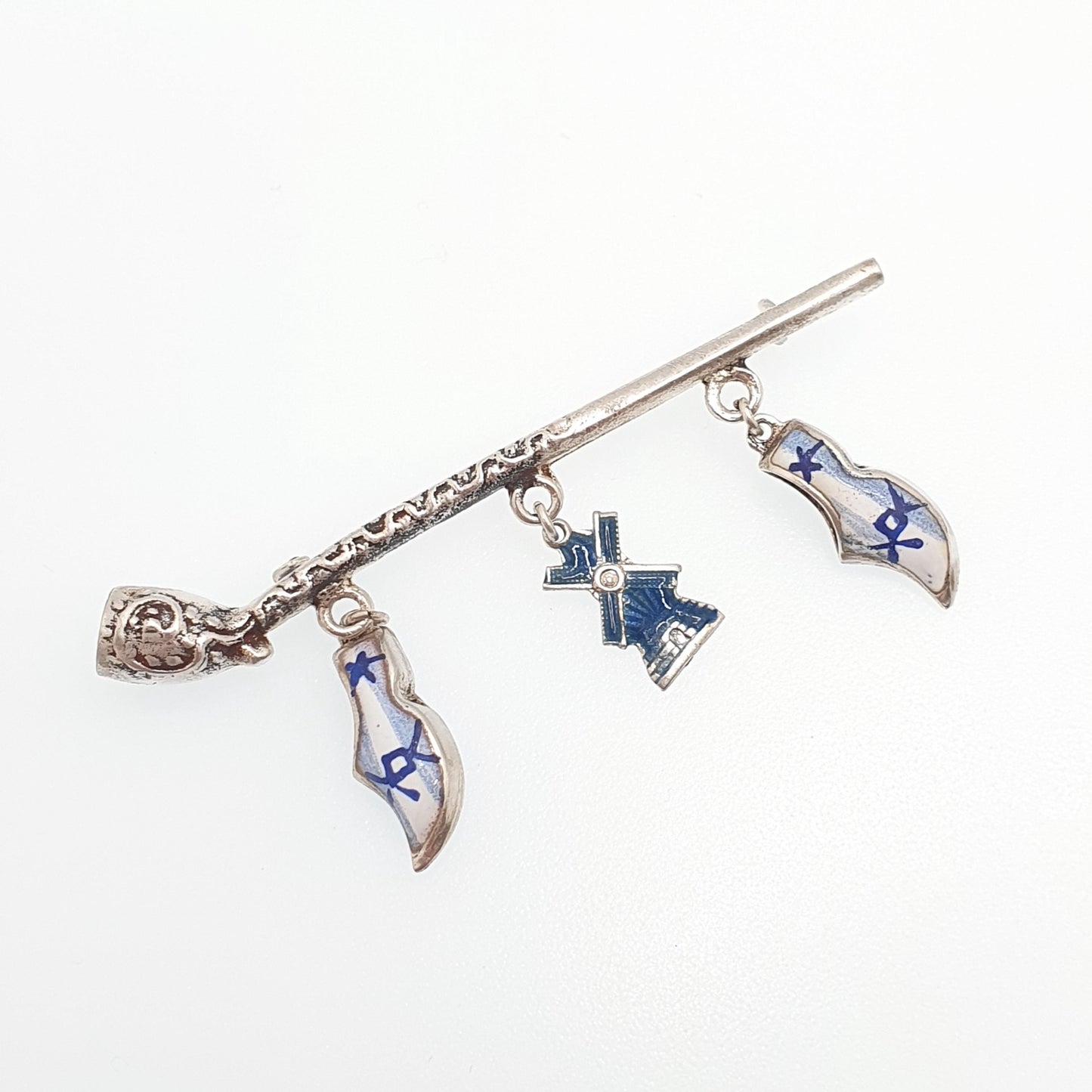 Antique Dutch Solid Silver Pipe Clog Windmill Brooch Pin Dutch China Enamel Vintage Charms Jewelry Jewellery