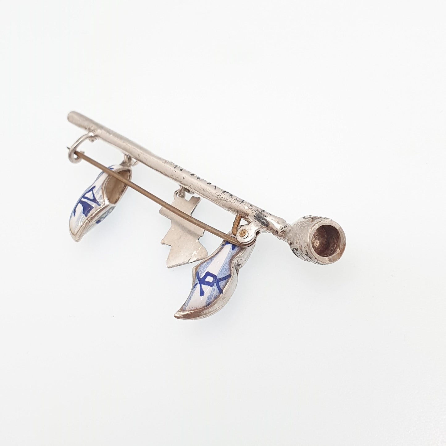 Antique Dutch Solid Silver Pipe Clog Windmill Brooch Pin Dutch China Enamel Vintage Charms Jewelry Jewellery
