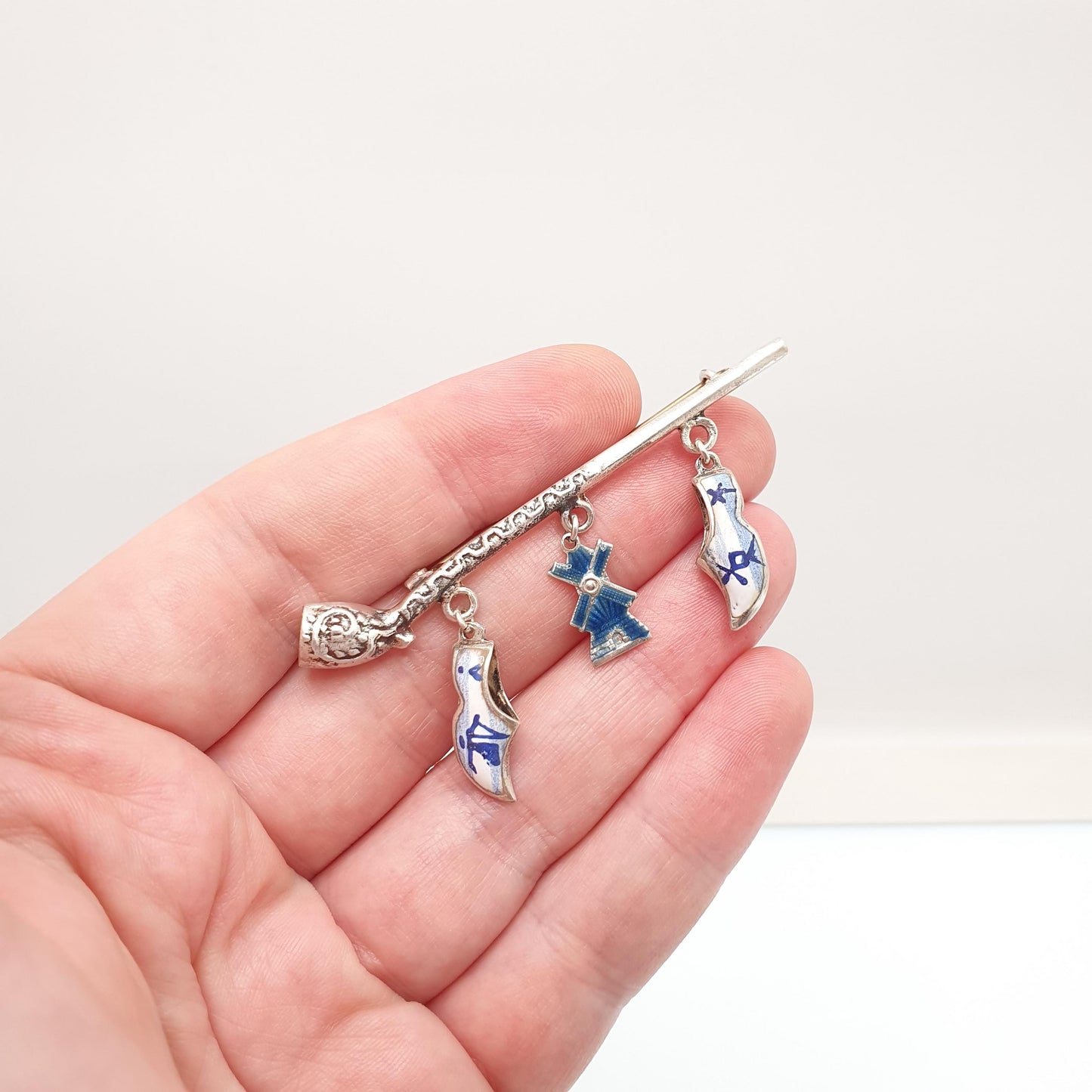 Antique Dutch Solid Silver Pipe Clog Windmill Brooch Pin Dutch China Enamel Vintage Charms Jewelry Jewellery