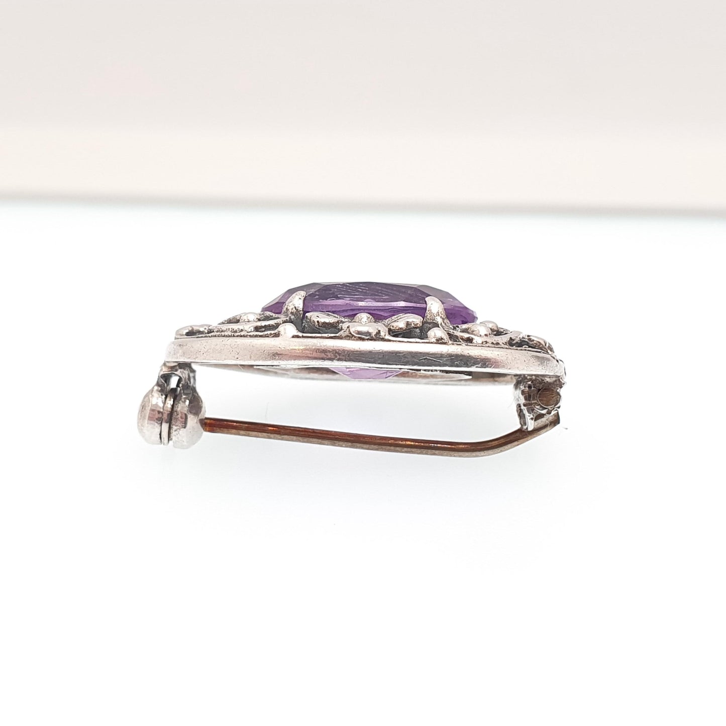 Old Vintage Bernard Instone Sterling Silver Amethyst Brooch Pin Art Deco Genuine Oval Flower Pattern 1930s Womens Jewelry Jewellery