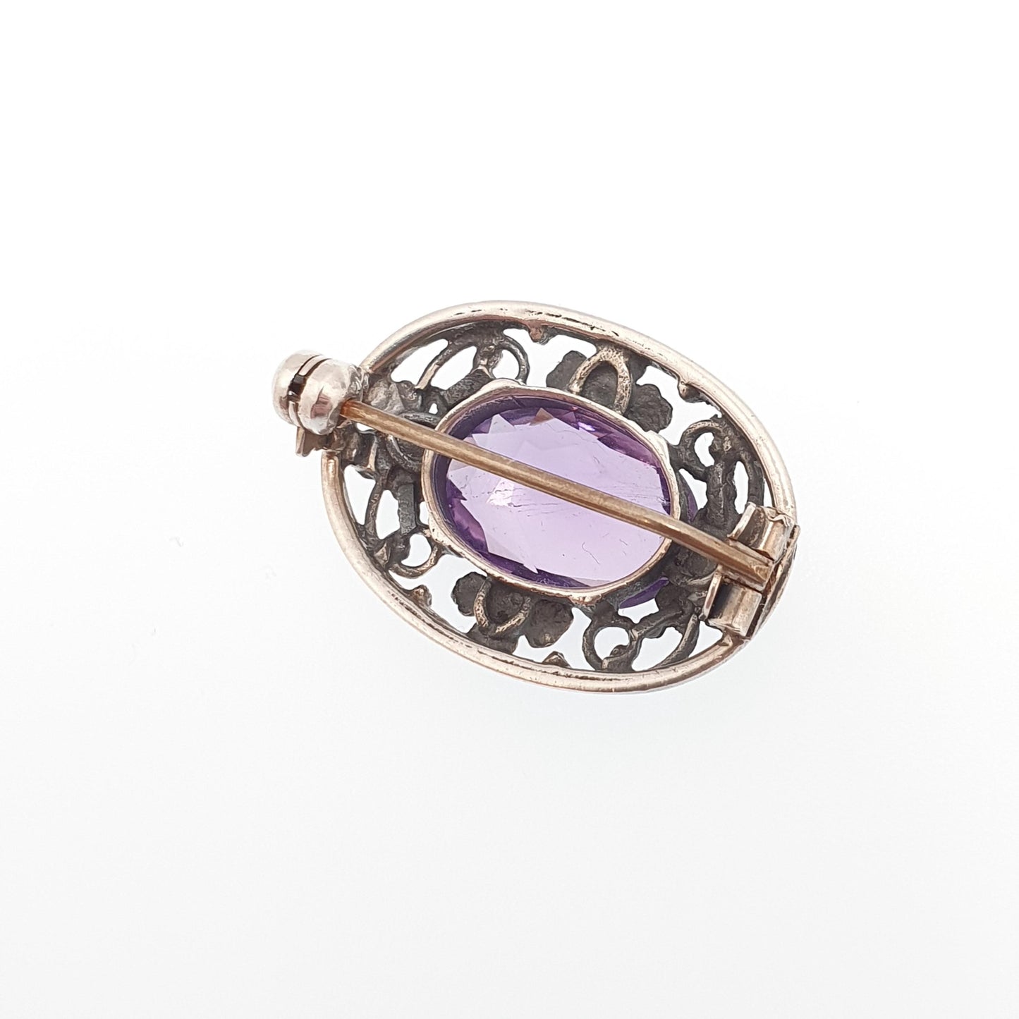 Old Vintage Bernard Instone Sterling Silver Amethyst Brooch Pin Art Deco Genuine Oval Flower Pattern 1930s Womens Jewelry Jewellery