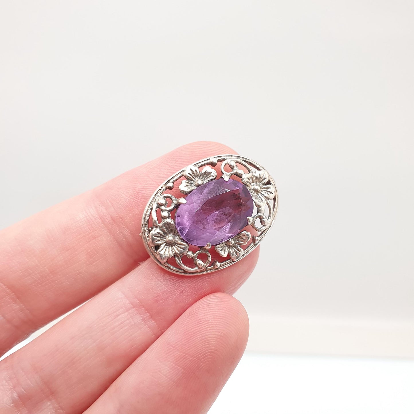 Old Vintage Bernard Instone Sterling Silver Amethyst Brooch Pin Art Deco Genuine Oval Flower Pattern 1930s Womens Jewelry Jewellery