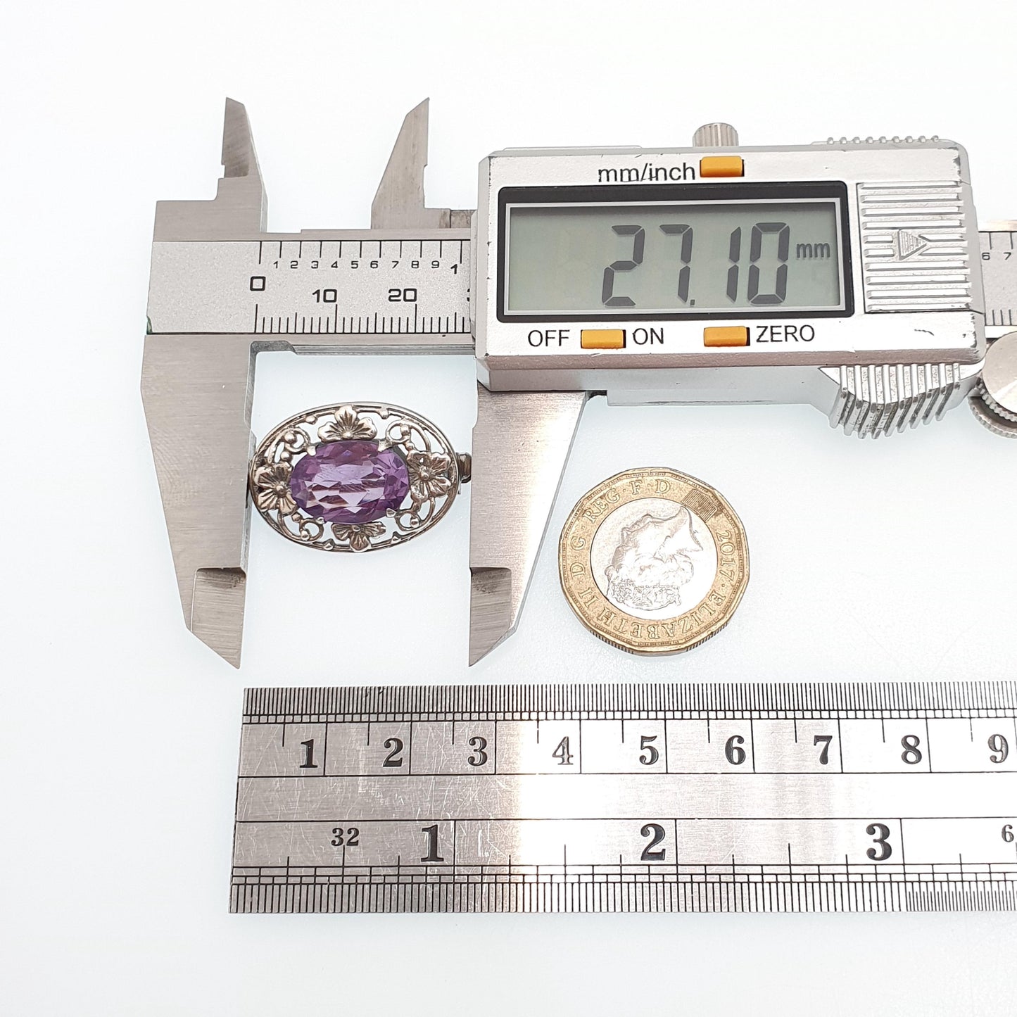 Old Vintage Bernard Instone Sterling Silver Amethyst Brooch Pin Art Deco Genuine Oval Flower Pattern 1930s Womens Jewelry Jewellery