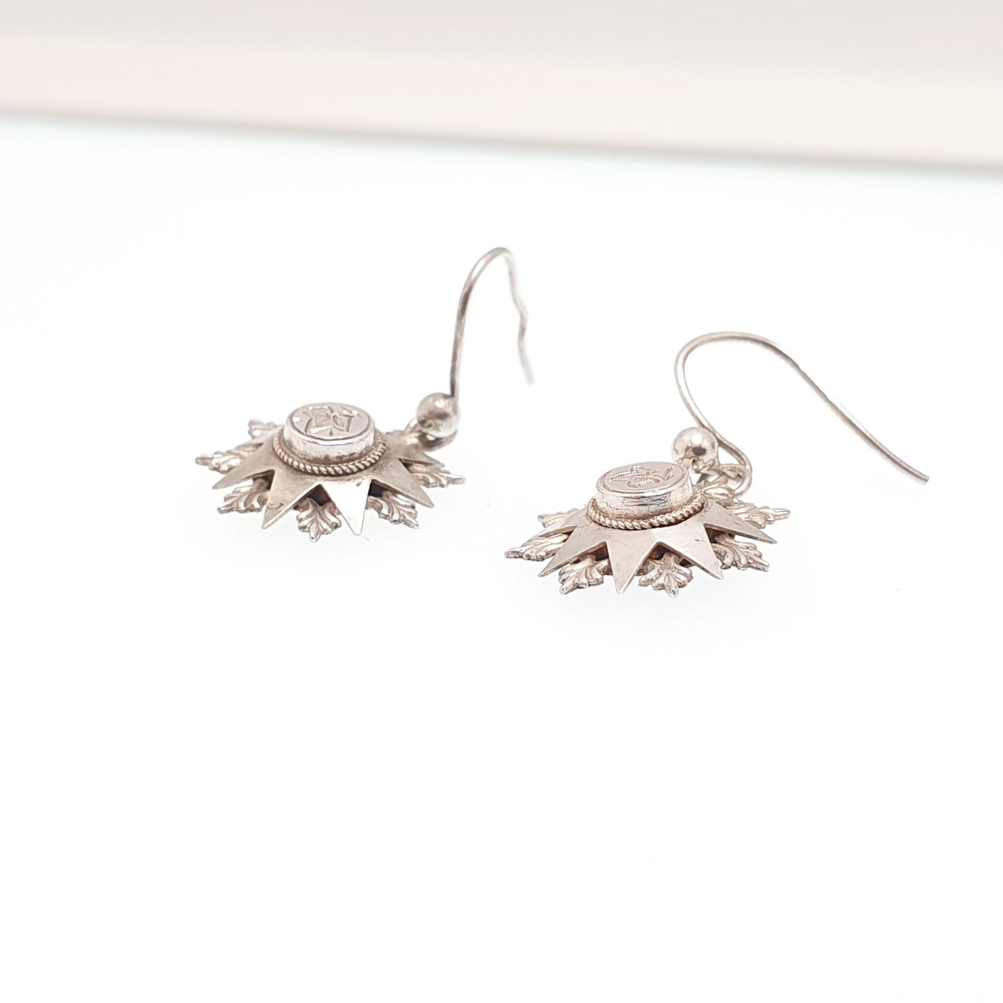 Antique Victorian Solid Silver Star Earrings Engraved Hook Starburst Sunburst Etruscan Genuine 1800s Vintage Jewelry Jewellery