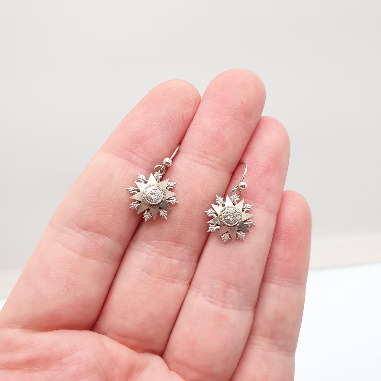 Antique Victorian Solid Silver Star Earrings Engraved Hook Starburst Sunburst Etruscan Genuine 1800s Vintage Jewelry Jewellery