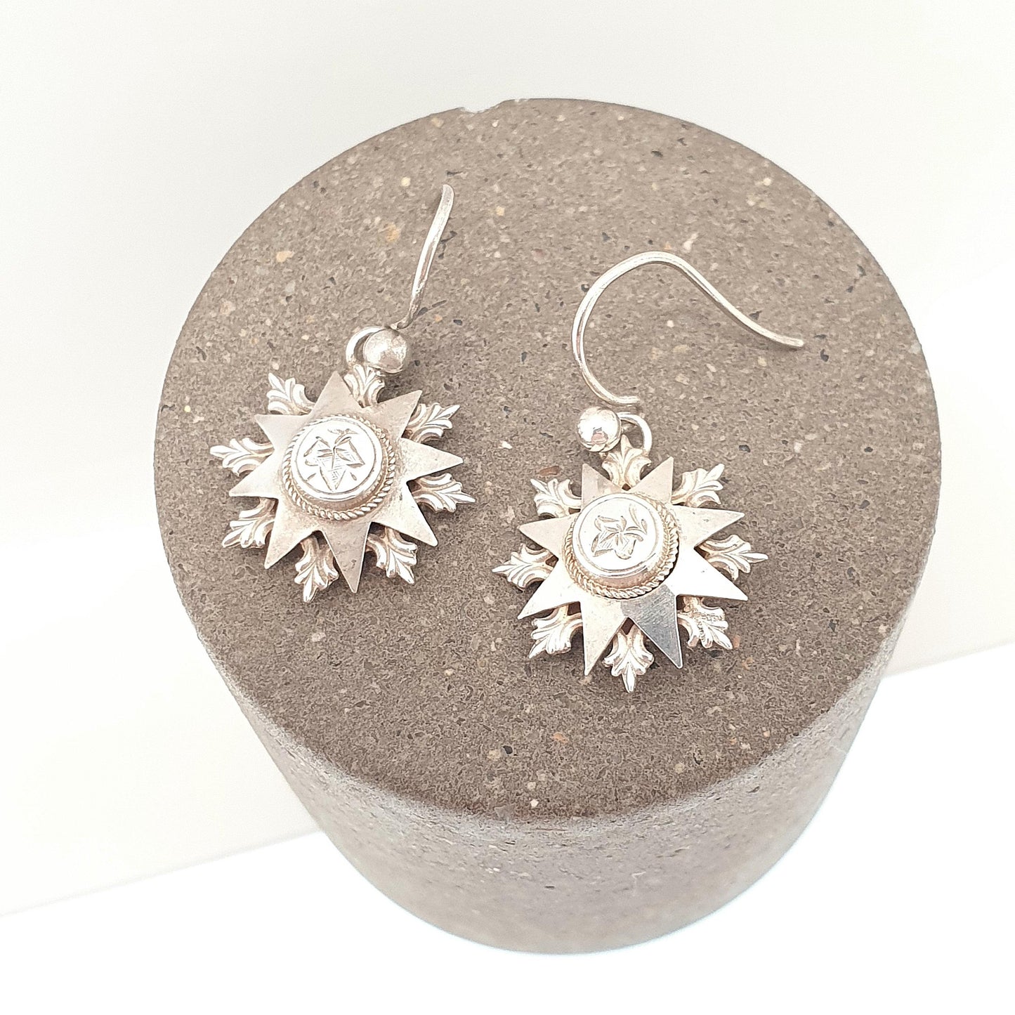 Antique Victorian Solid Silver Star Earrings Engraved Hook Starburst Sunburst Etruscan Genuine 1800s Vintage Jewelry Jewellery