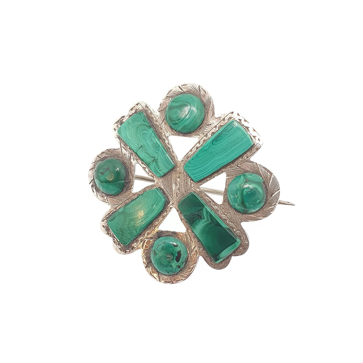 Antique Victorian Malachite Solid Silver Brooch Scottish Cross Cruciform Green Gemstone Vintage Womens Jewelry Jewellery