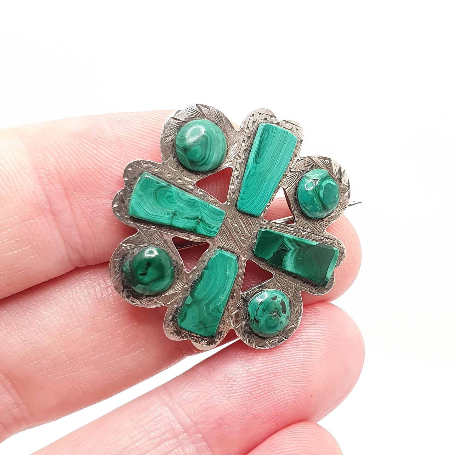 Antique Victorian Malachite Solid Silver Brooch Scottish Cross Cruciform Green Gemstone Vintage Womens Jewelry Jewellery
