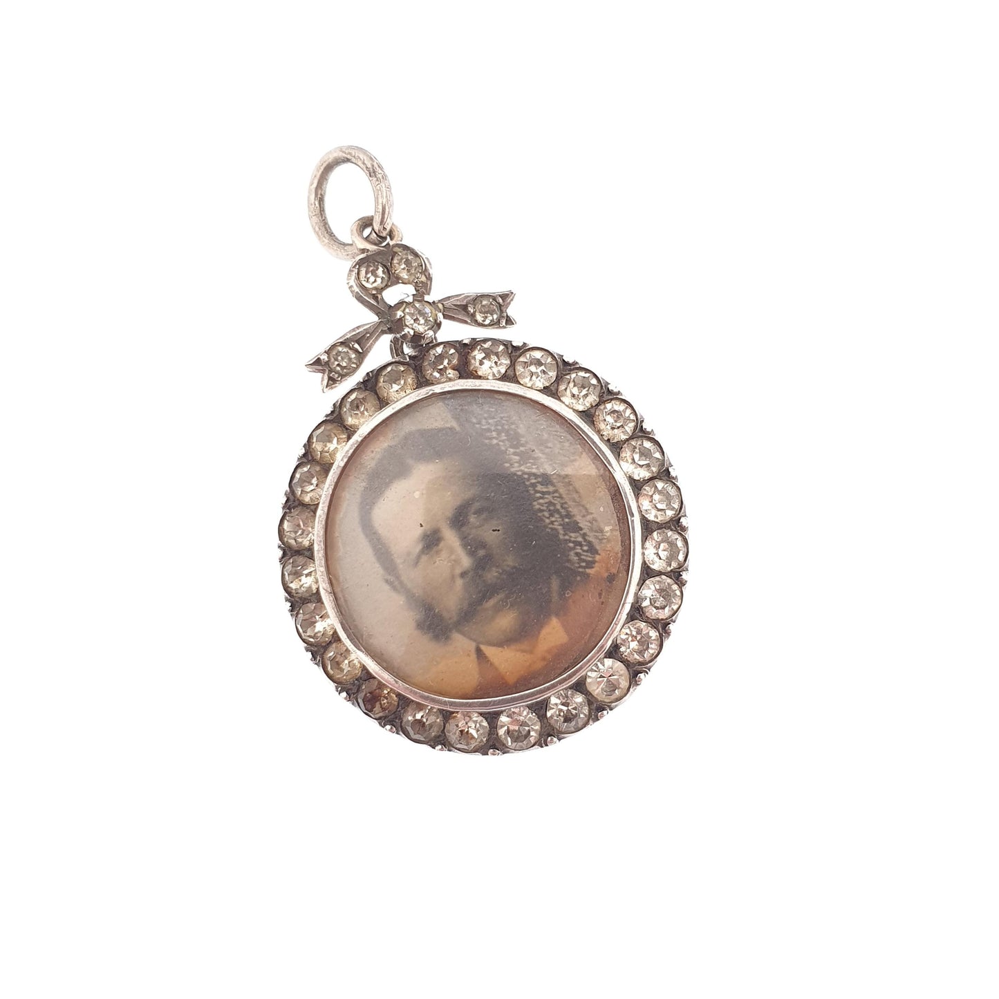 Antique Sterling Silver Diamond Paste Locket Pendant Edwardian 1903 Necklace Picture Photo Bow Double Sided Womens Vintage