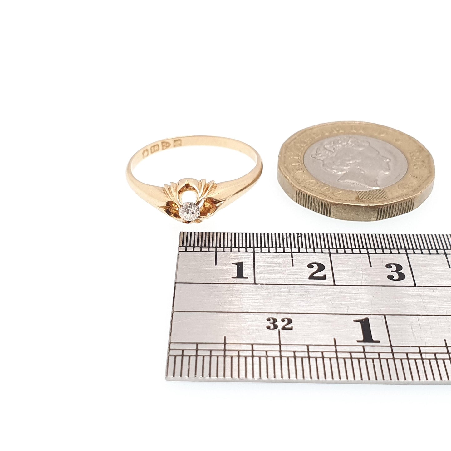 Antique 18k 18ct Gold Diamond Gypsy Ring Solitaire Natural Old Cut 1916 Hallmark Solid 750 Engagement Wedding Vintage