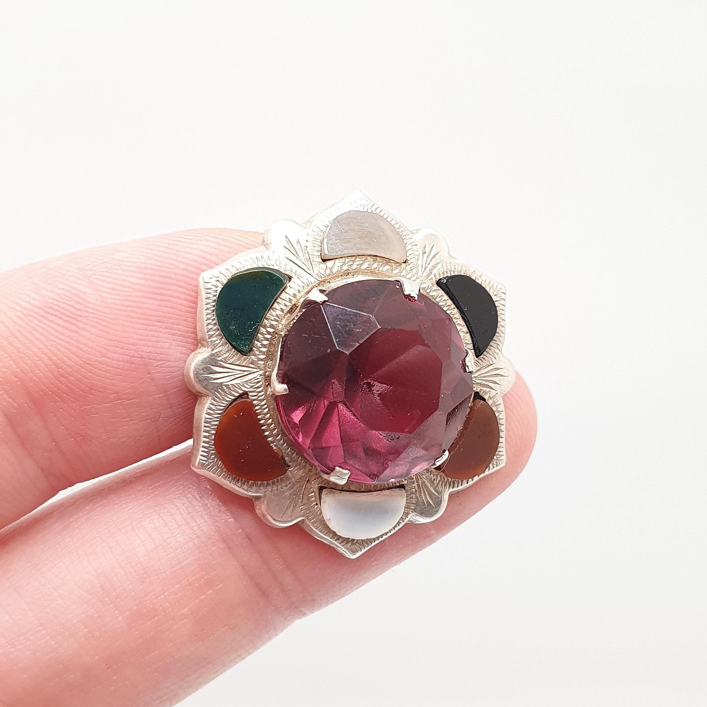 Old Vintage Scottish Sterling Silver Jasper Agate Brooch Pin Amethyst Paste Jasper Antique Victorian Style Jewelry Jewellery