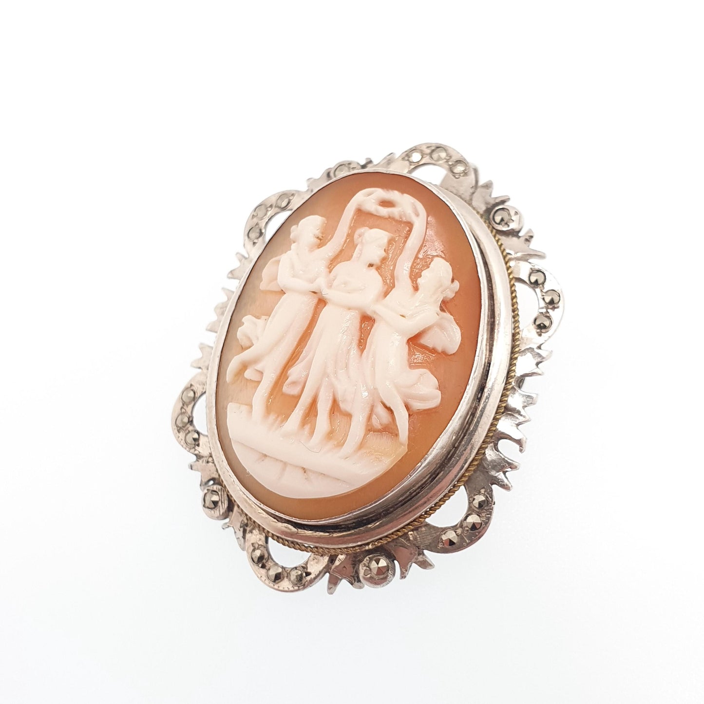 Antique Solid Silver Three Graces Cameo Necklace Pendant Brooch Marcasite Art Deco Shell Hand Carved Italian Jewelry Jewellery Jewelry