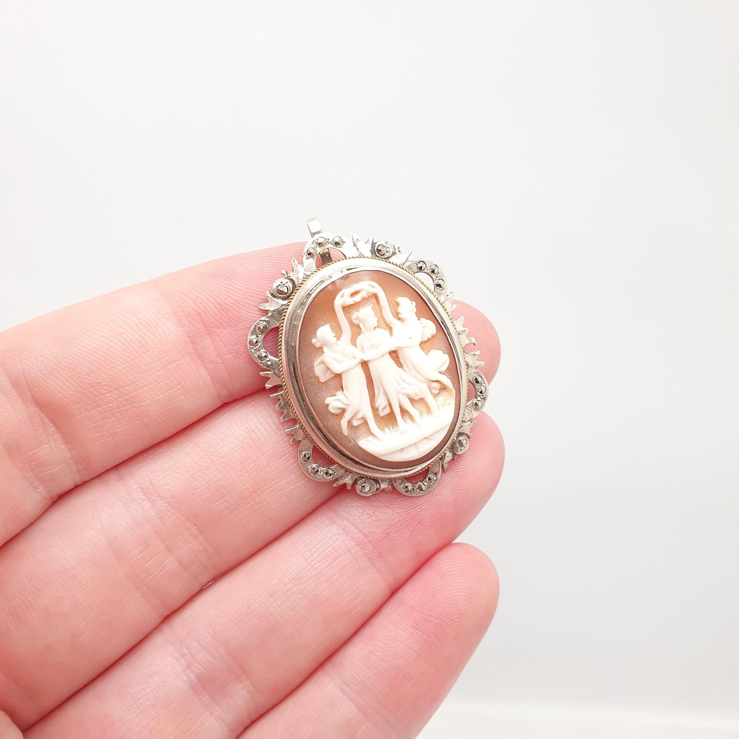 Antique Solid Silver Three Graces Cameo Necklace Pendant Brooch Marcasite Art Deco Shell Hand Carved Italian Jewelry Jewellery Jewelry